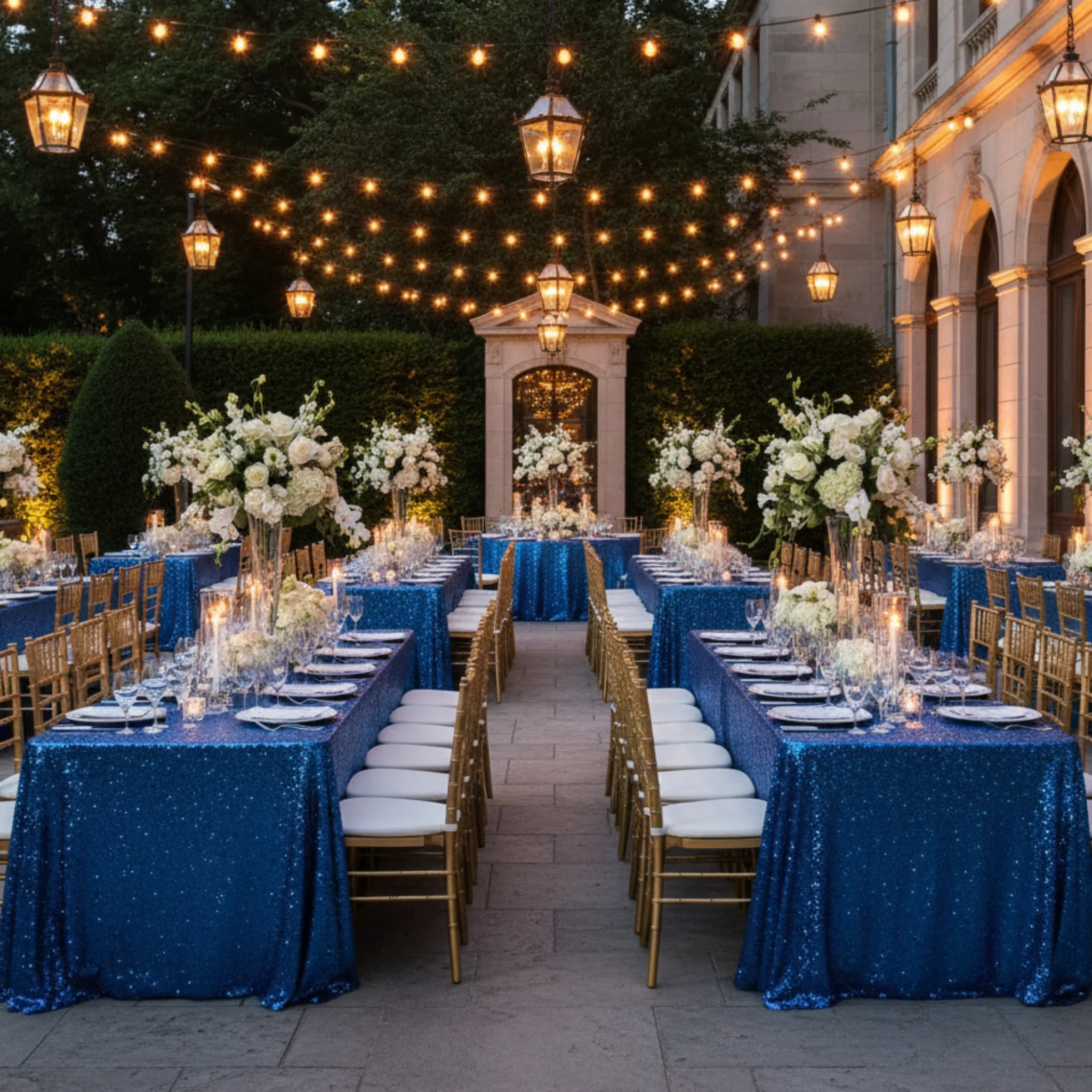 Glitz Sequin 90"x156" Rectangular Tablecloth - Royal Blue - Image 5