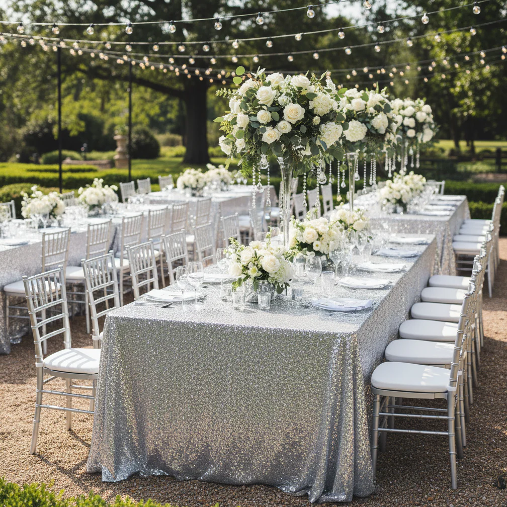 Glitz Sequin 90"x156" Rectangular Tablecloth - Silver - Image 3