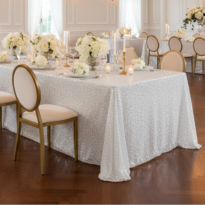 Glitz Sequin 90"x156" Rectangular Tablecloth - White - Image 4
