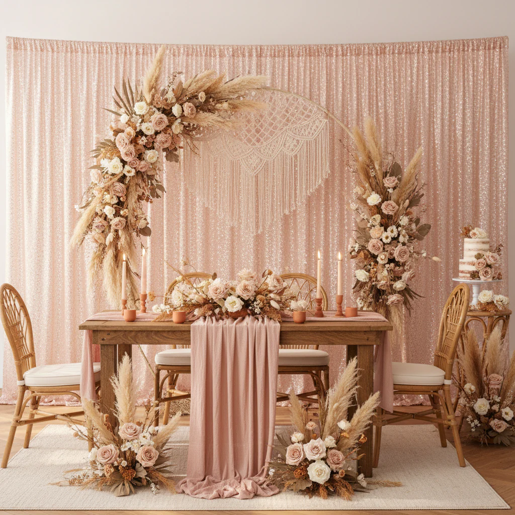 Glitz Sequin Mesh Net 14ft H x 52" W Drape/Backdrop panel - Blush/Rose Gold - Image 3