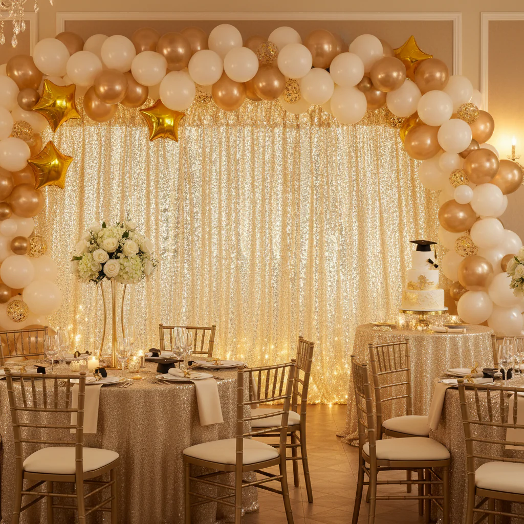 Glitz Sequin Mesh Net 14ft H x 52" W Drape/Backdrop panel - Champagne - Image 2