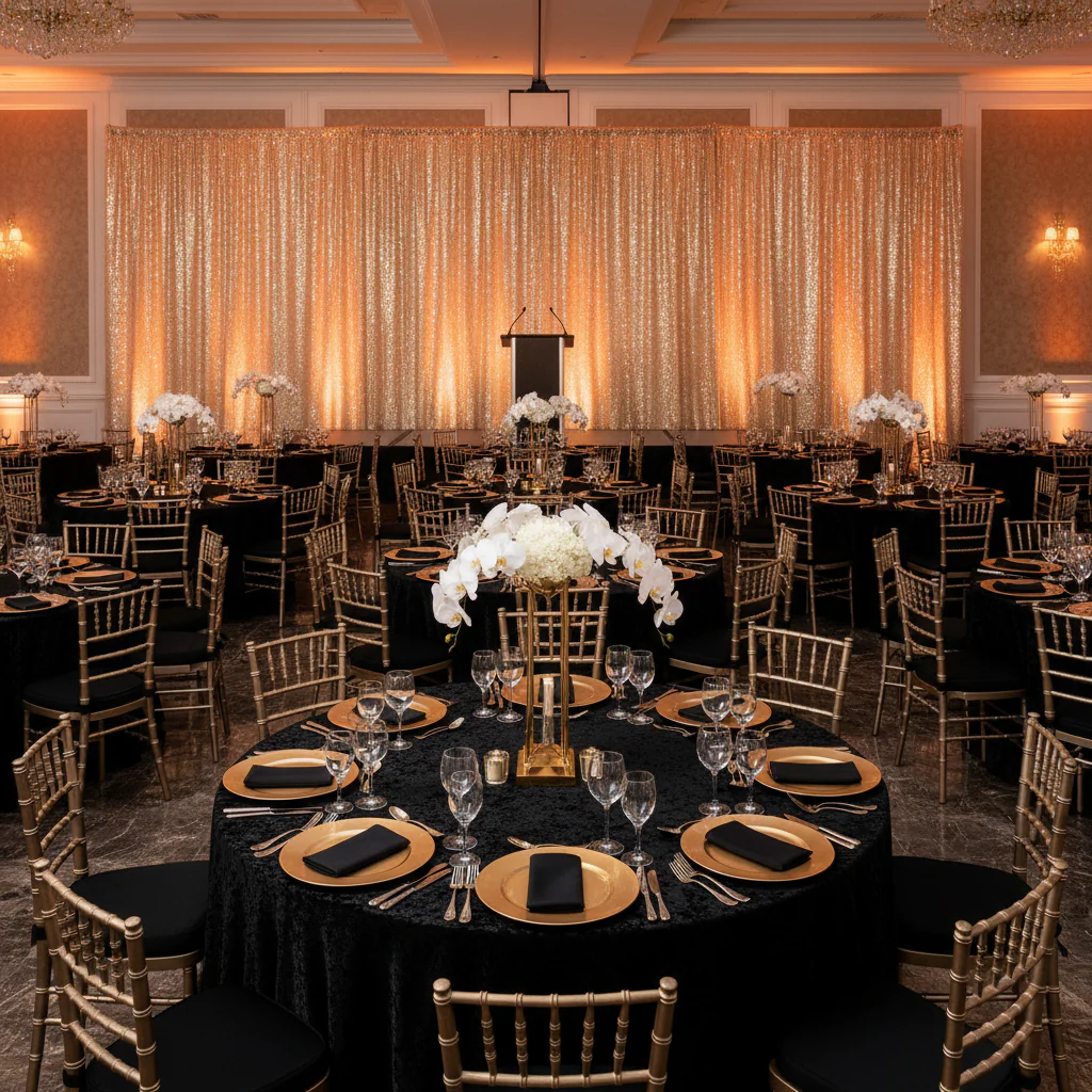 Glitz Sequin Mesh Net 14ft H x 52" W Drape/Backdrop panel - Champagne - Image 4