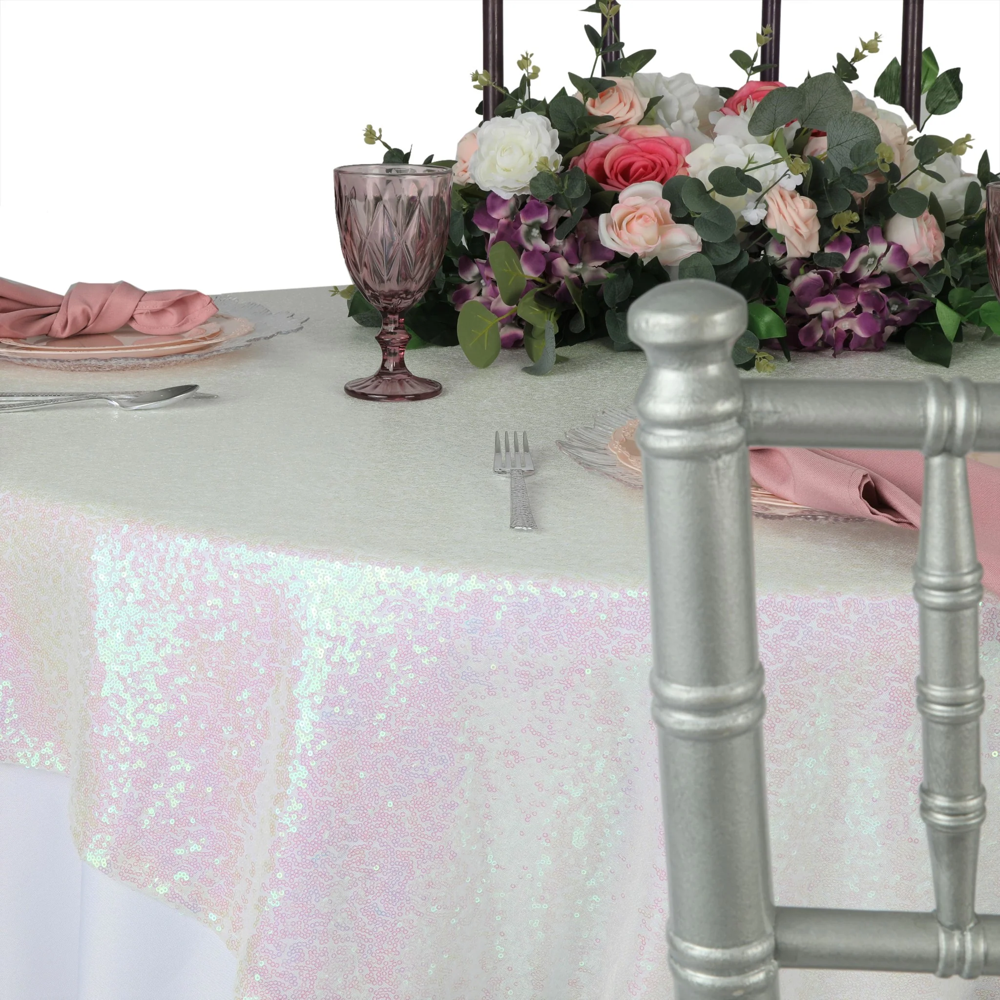 Glitz Sequin Mesh Net Table Overlay Topper 72"x72" Square - Iridescent White - Image 4