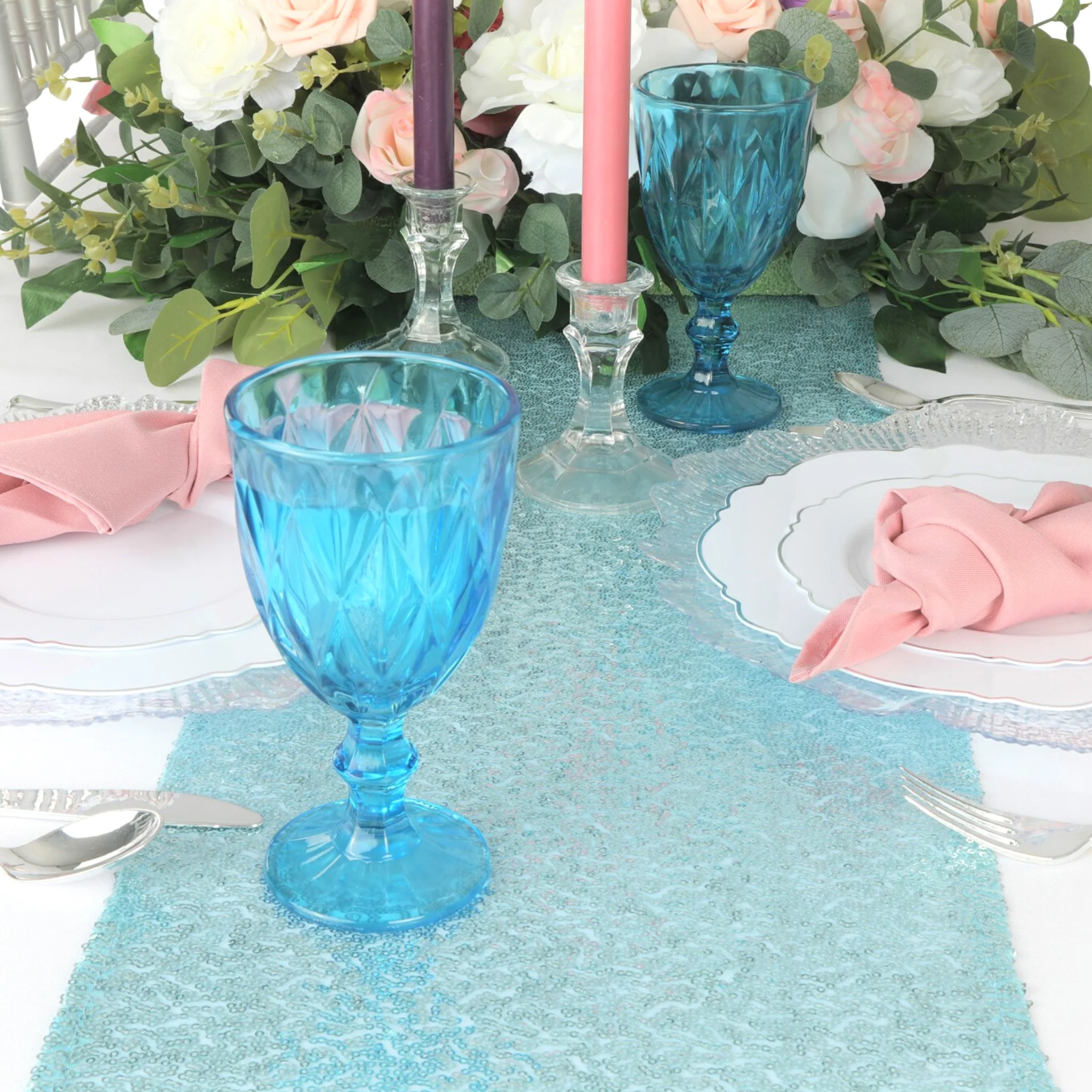 Glitz Sequin Mesh Net Table Runner 12"x108" - Baby Blue - Image 3