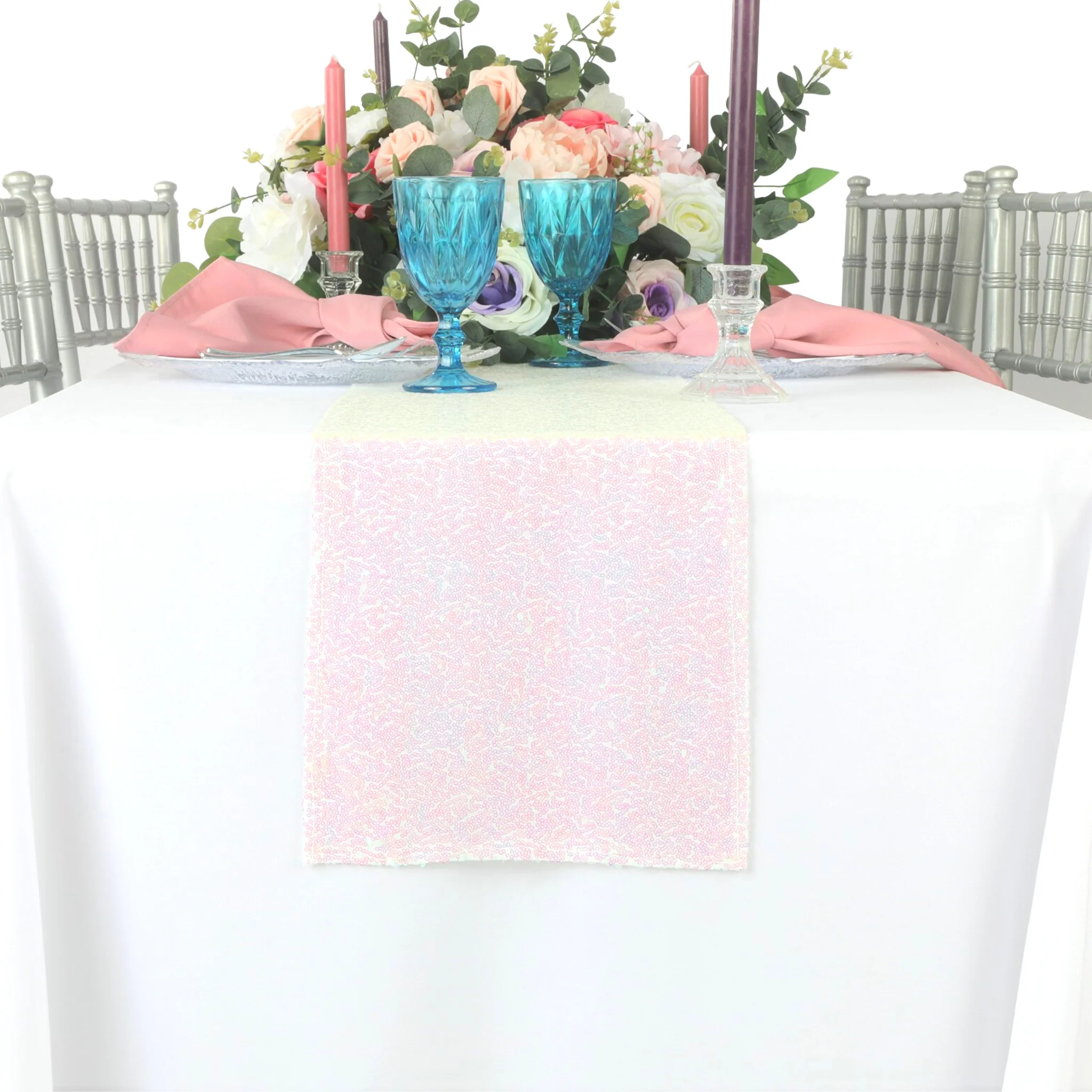 Glitz Sequin Mesh Net Table Runner 12"x108" - Iridescent White - Image 2