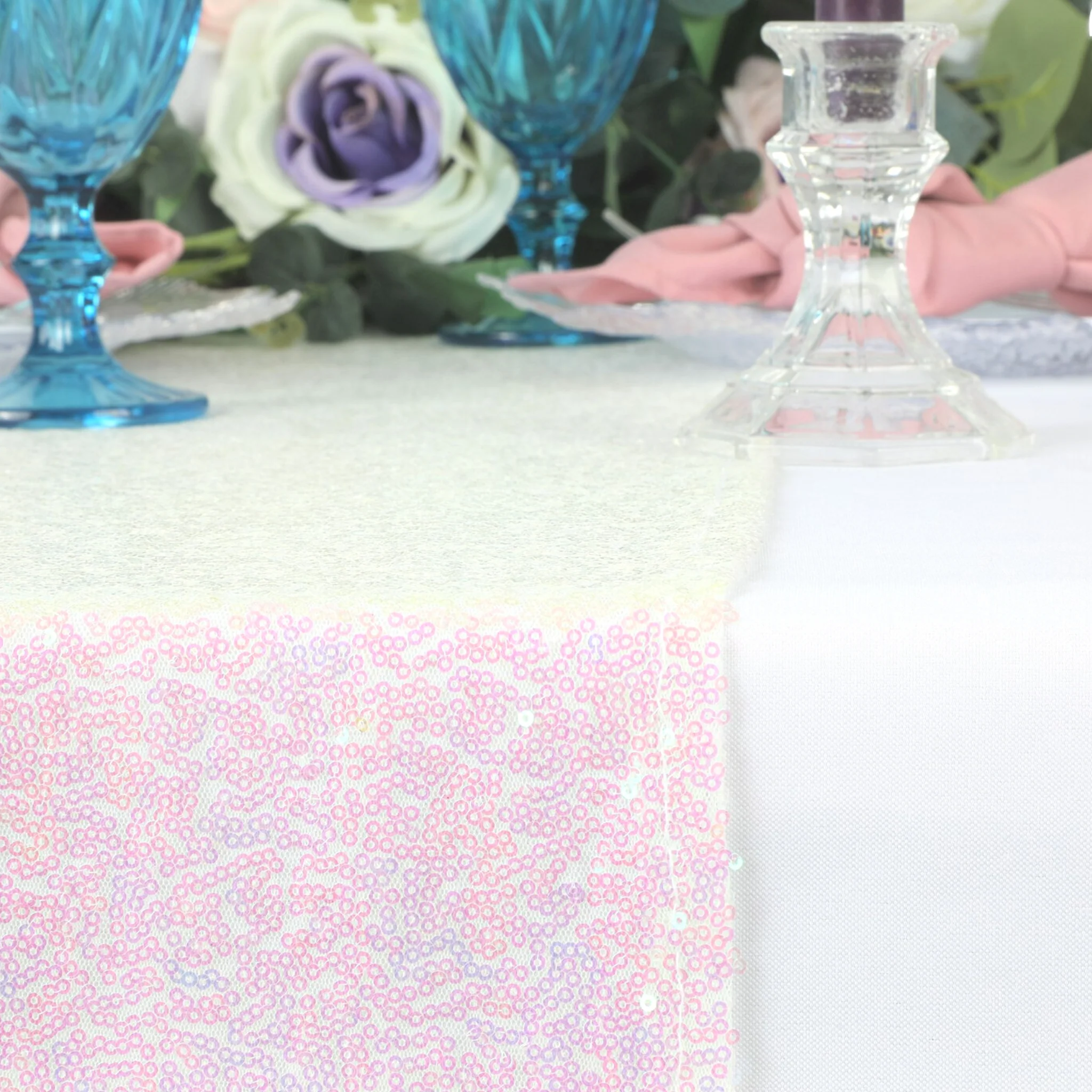 Glitz Sequin Mesh Net Table Runner 12"x108" - Iridescent White - Image 3