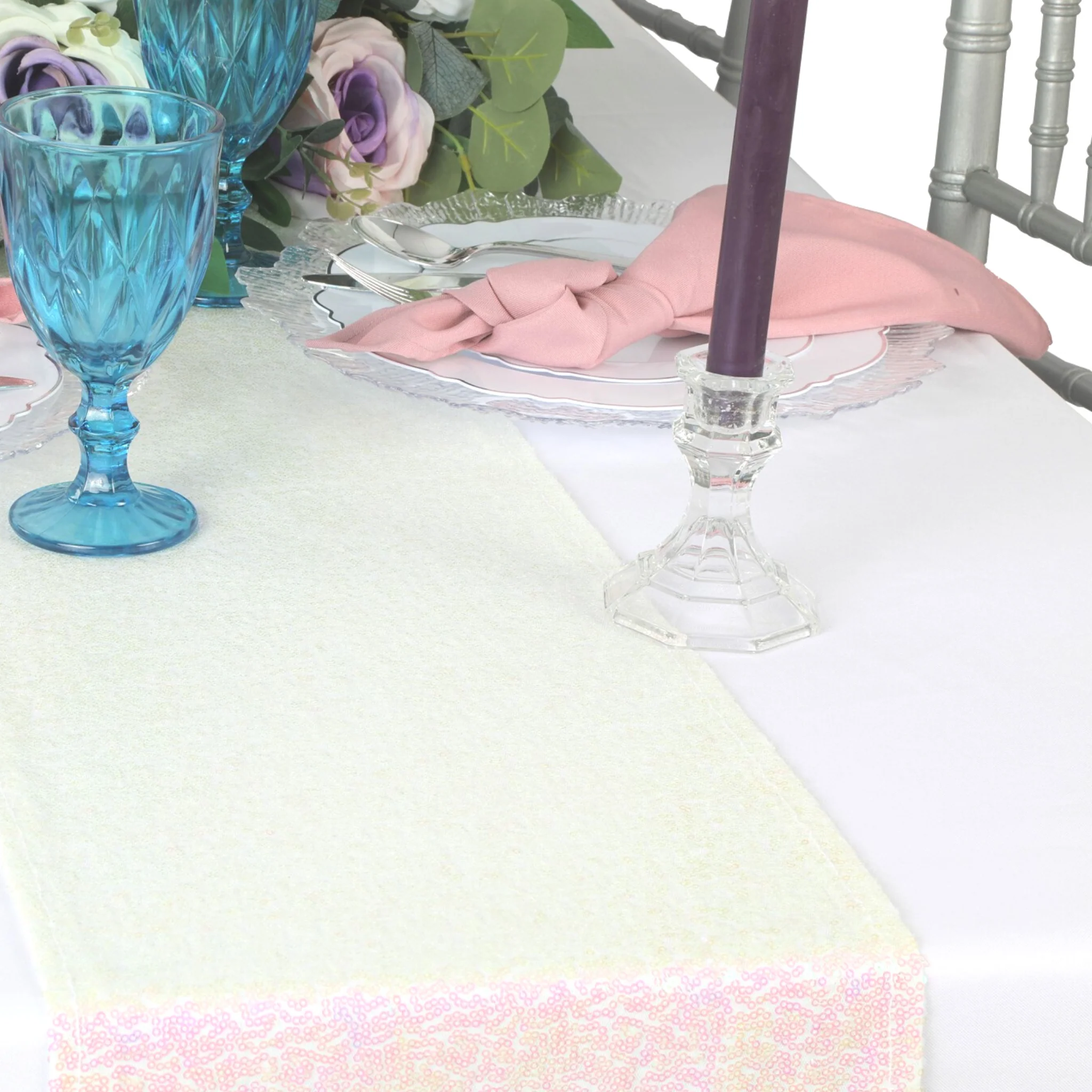 Glitz Sequin Mesh Net Table Runner 12"x108" - Iridescent White - Image 4