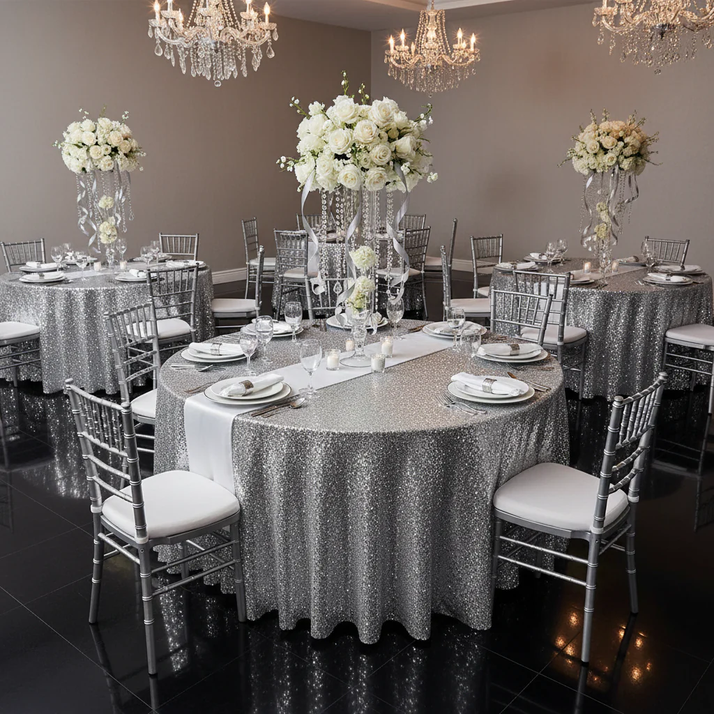 Glitz Sequin Mesh Net Tablecloth 116" Round - Silver - Image 2