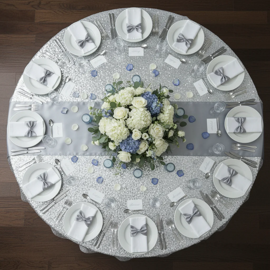 Glitz Sequin Mesh Net Tablecloth 116" Round - Silver - Image 4