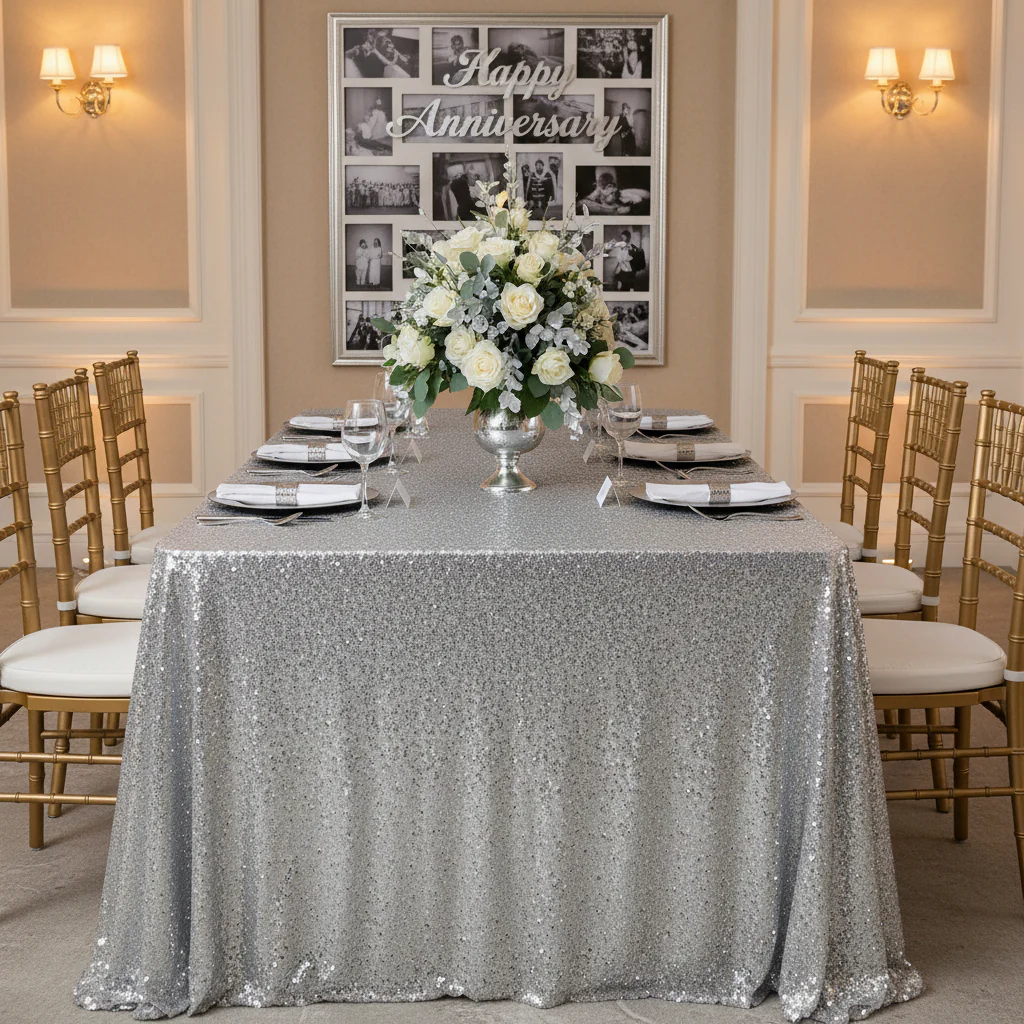 Glitz Sequin Mesh Net Tablecloth  90"x132" Rectangular -  Silver