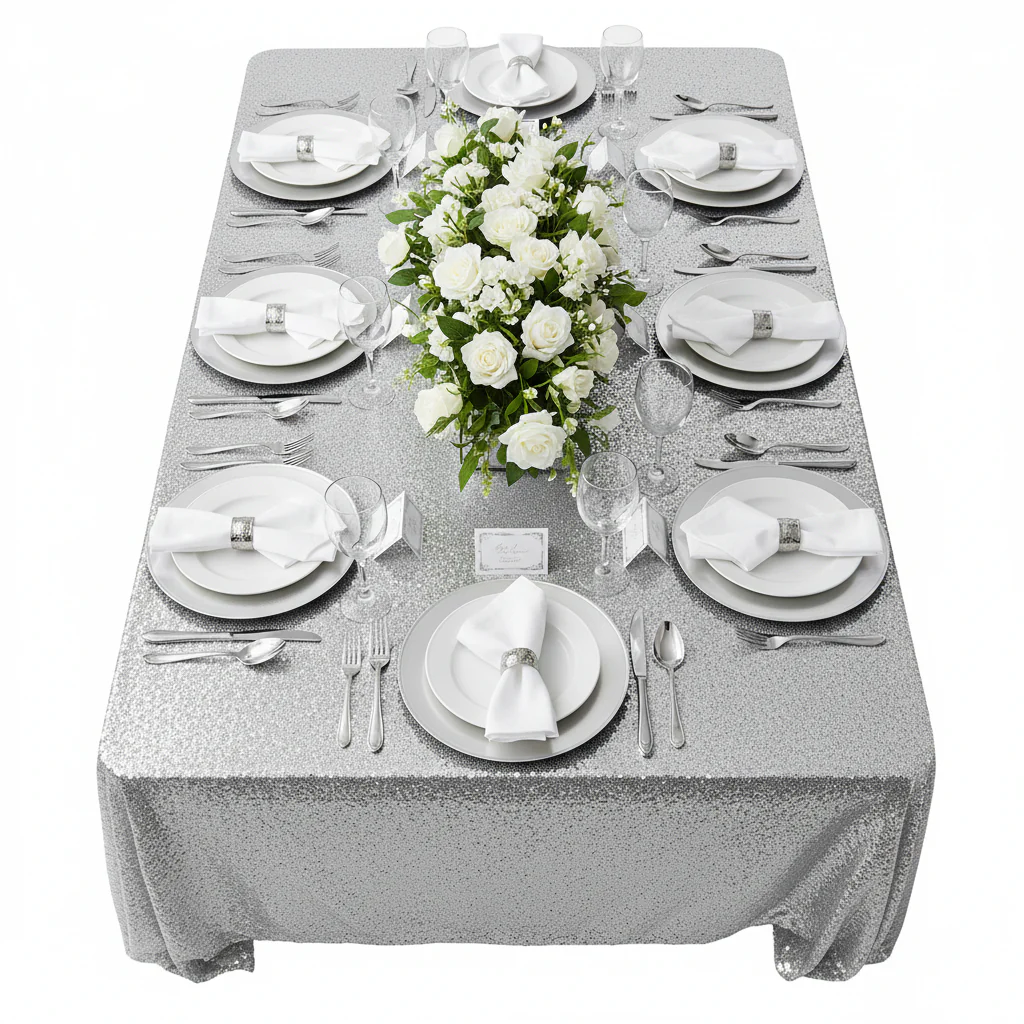 Glitz Sequin Mesh Net Tablecloth  90"x132" Rectangular -  Silver - Image 3