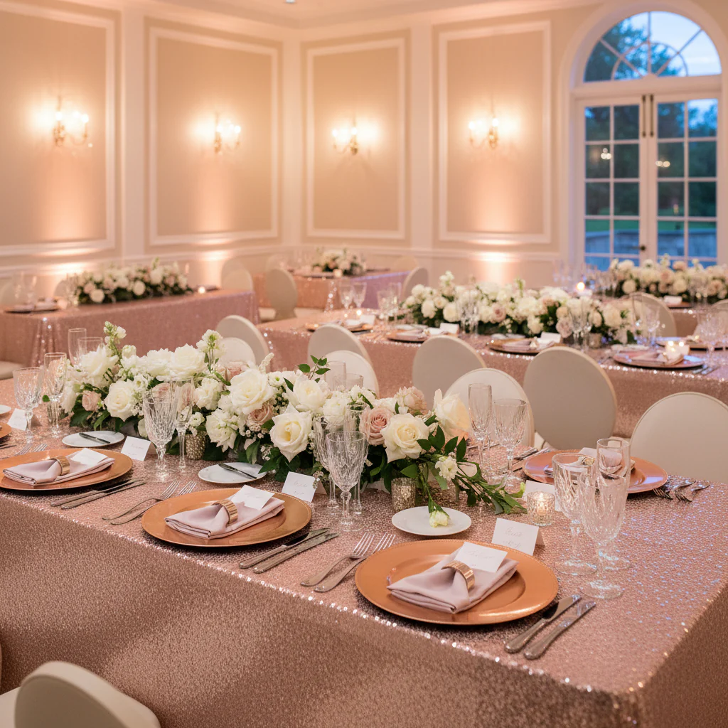 Glitz Sequin Mesh Net Tablecloth  90"x156" Rectangular -  Blush/Rose Gold - Image 3