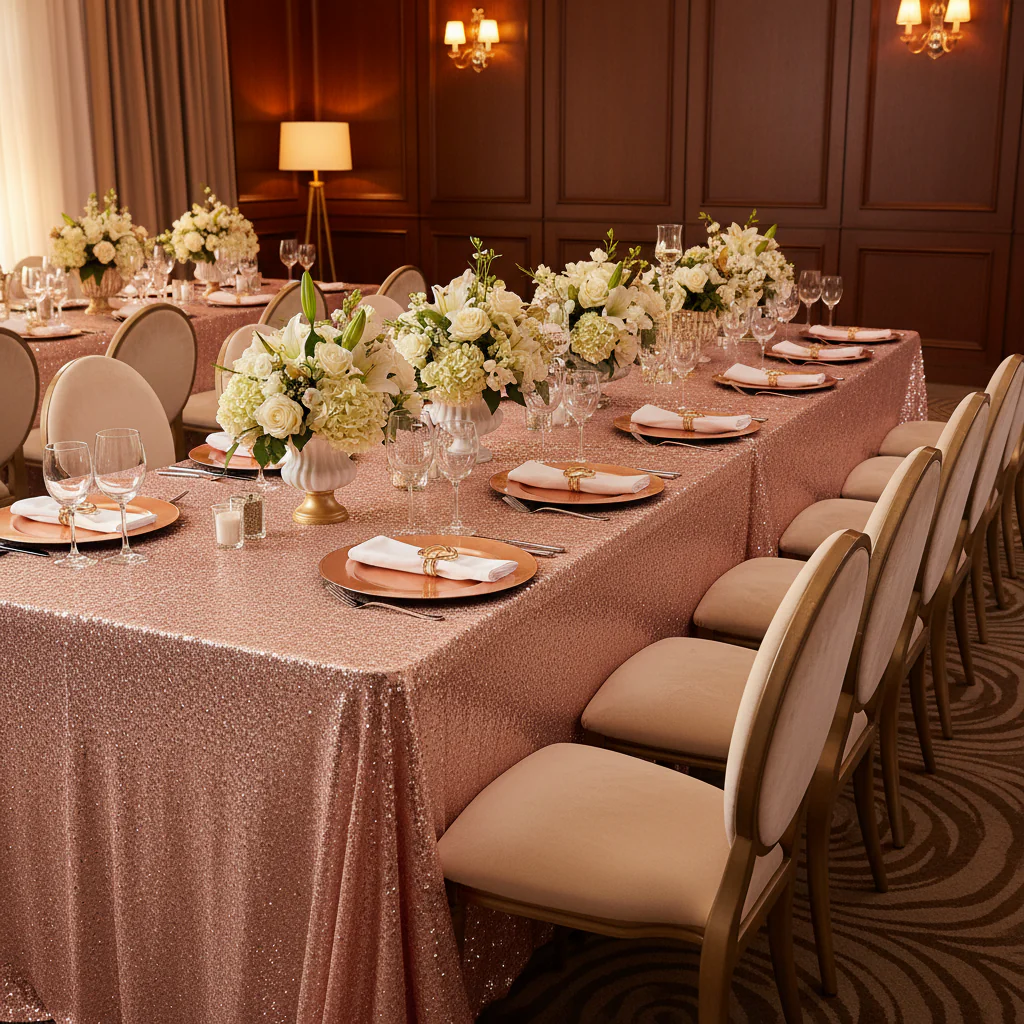 Glitz Sequin Mesh Net Tablecloth  90"x156" Rectangular -  Blush/Rose Gold - Image 5