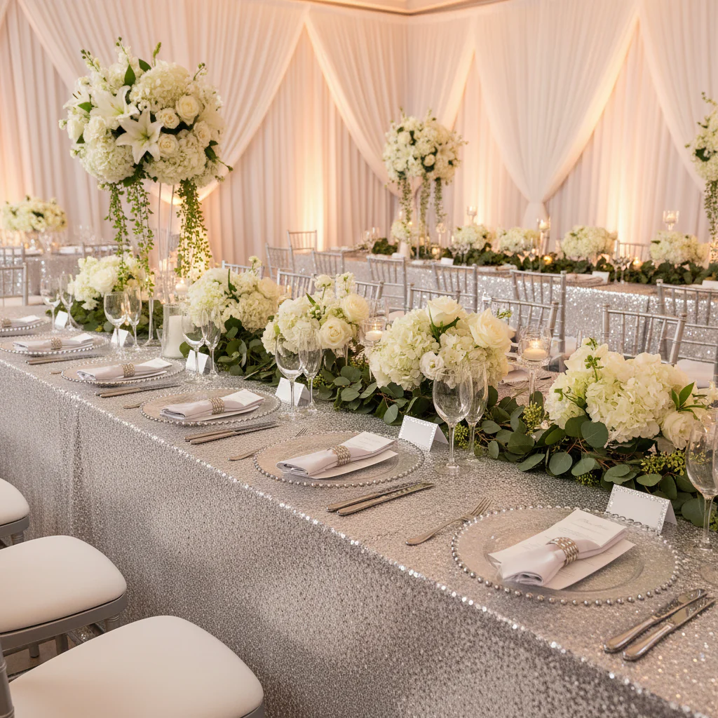 Glitz Sequin Mesh Net Tablecloth  90"x156" Rectangular -  Silver