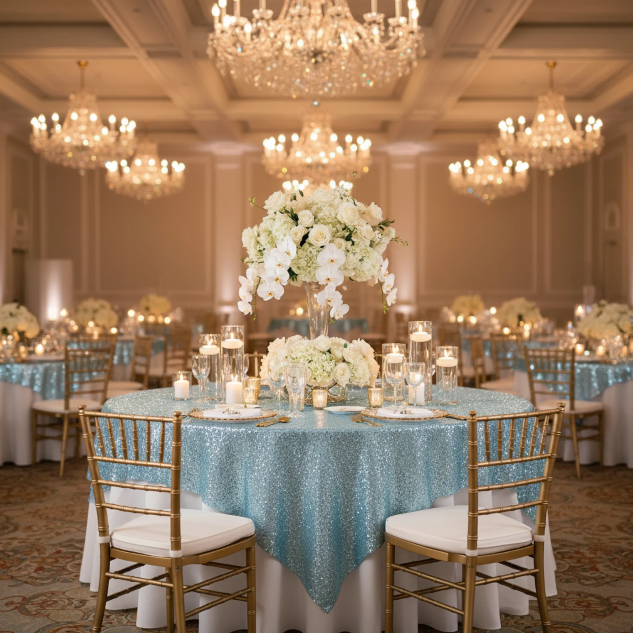 Glitz Sequin Table Overlay Topper 72"x72" Square  - Baby Blue - Image 2