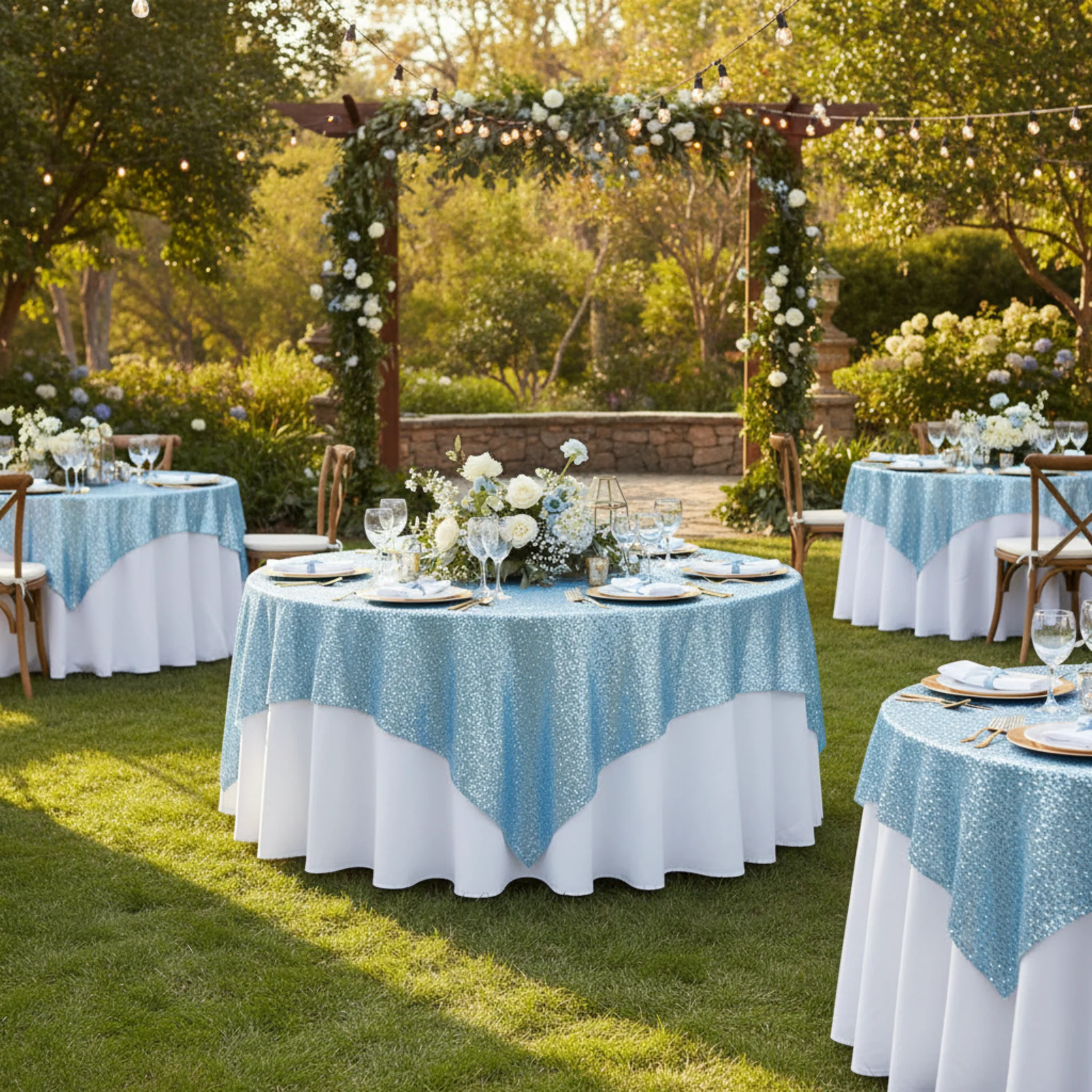 Glitz Sequin Table Overlay Topper 72"x72" Square  - Baby Blue - Image 3