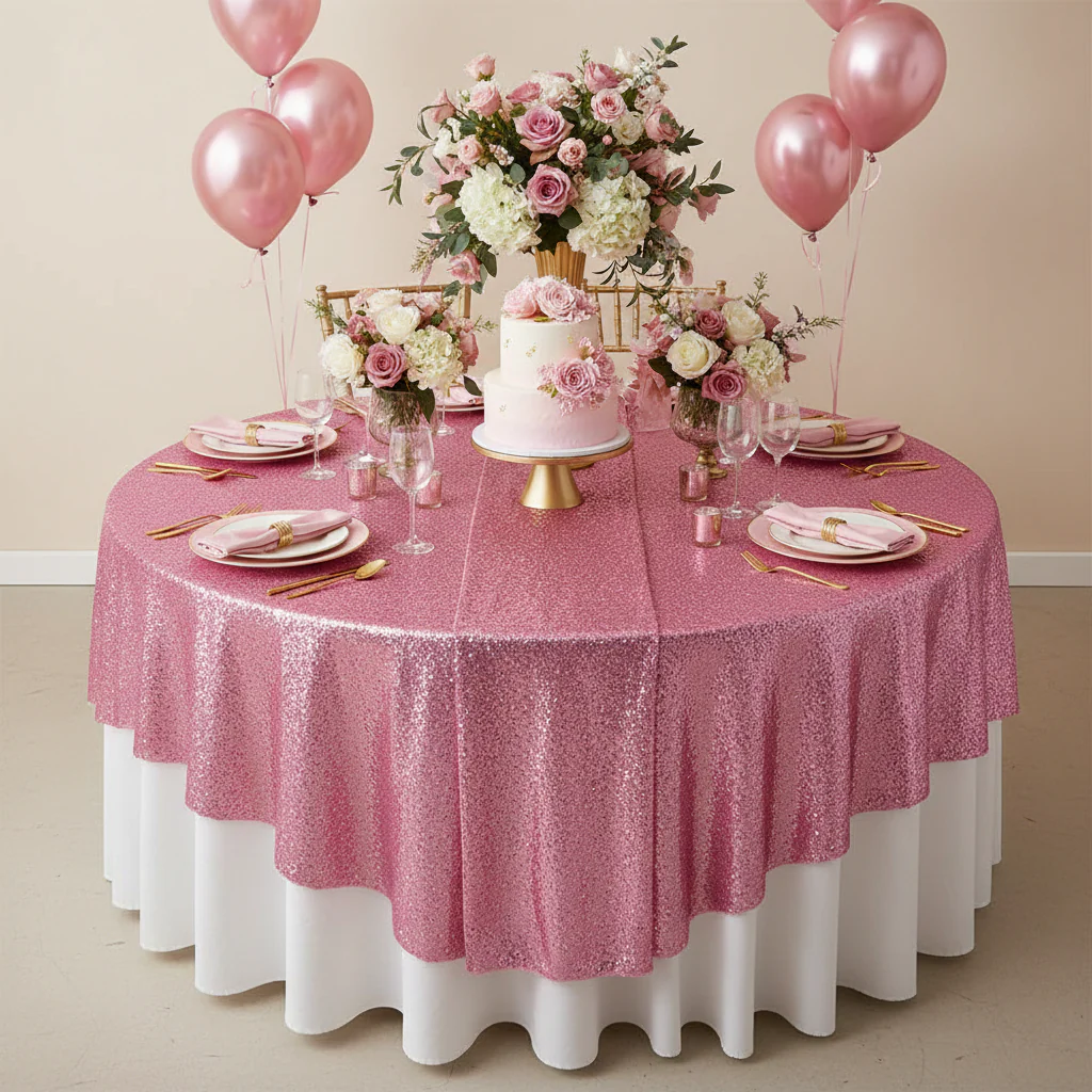 Glitz Sequin Table Overlay Topper 90"x90" Square - Pink - Image 2