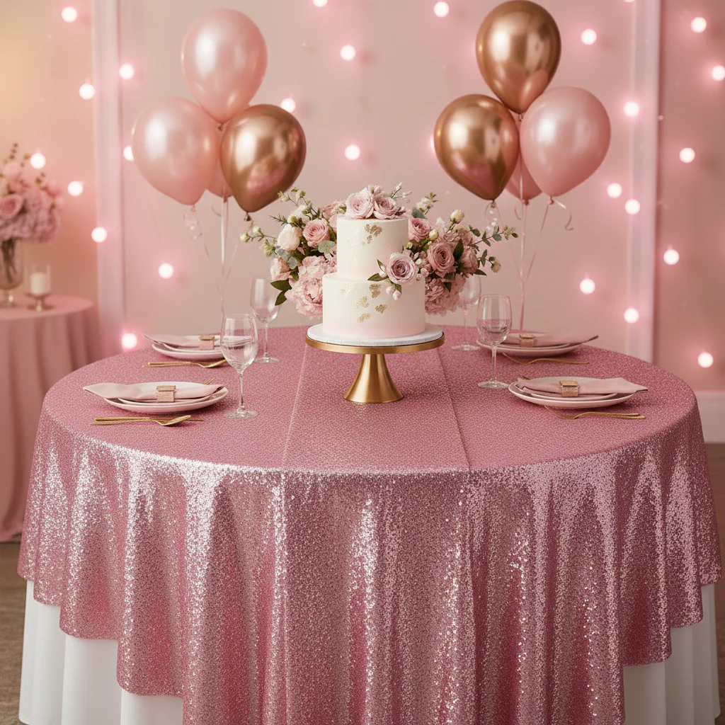 Glitz Sequin Table Overlay Topper 90"x90" Square - Pink - Image 3