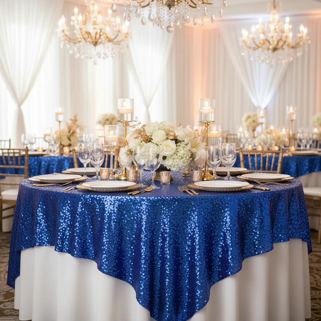 Glitz Sequin Table Overlay Topper 90"x90" Square - Royal Blue