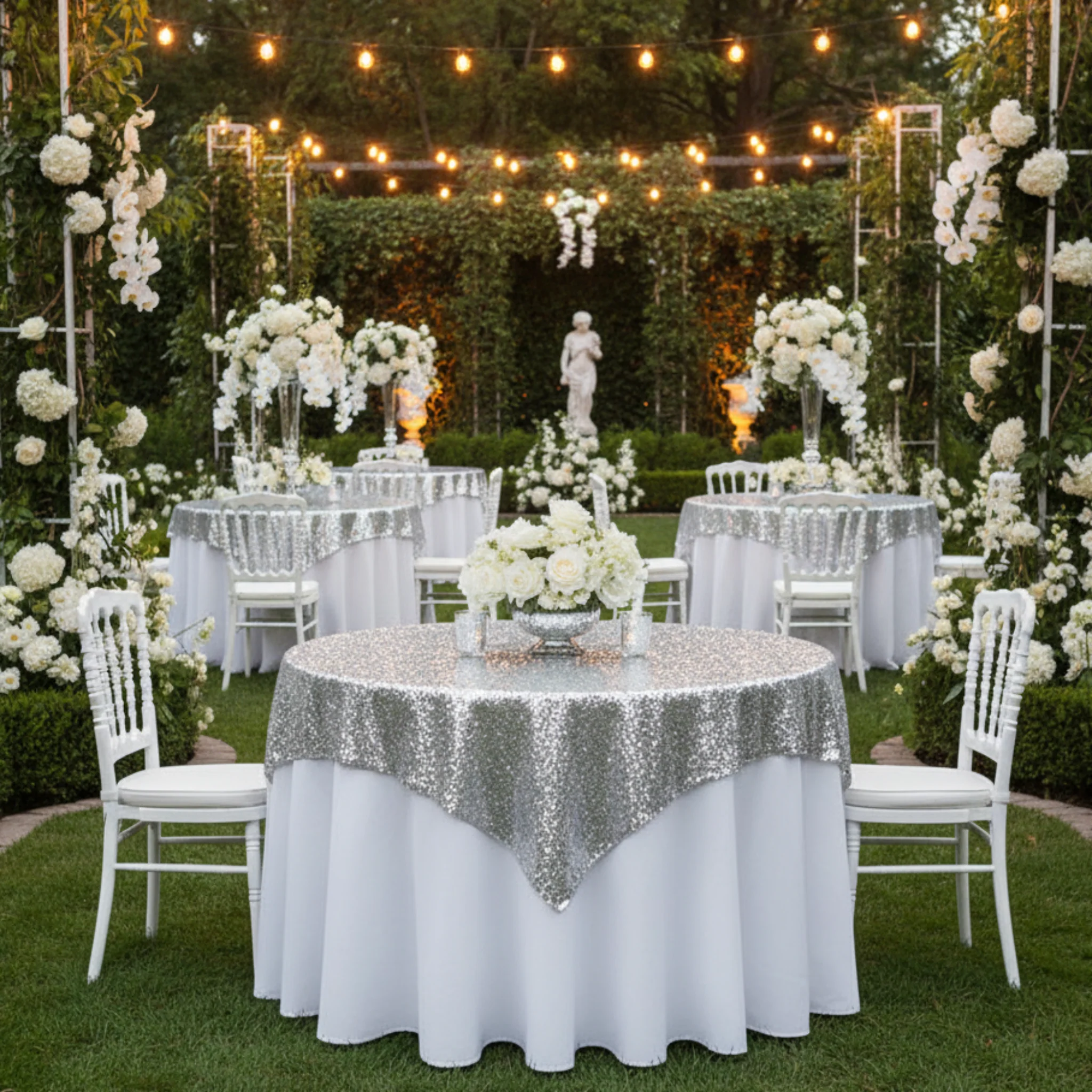 Glitz Sequin Tablecloth Overlay Topper 54"x54" Square - Silver - Image 2