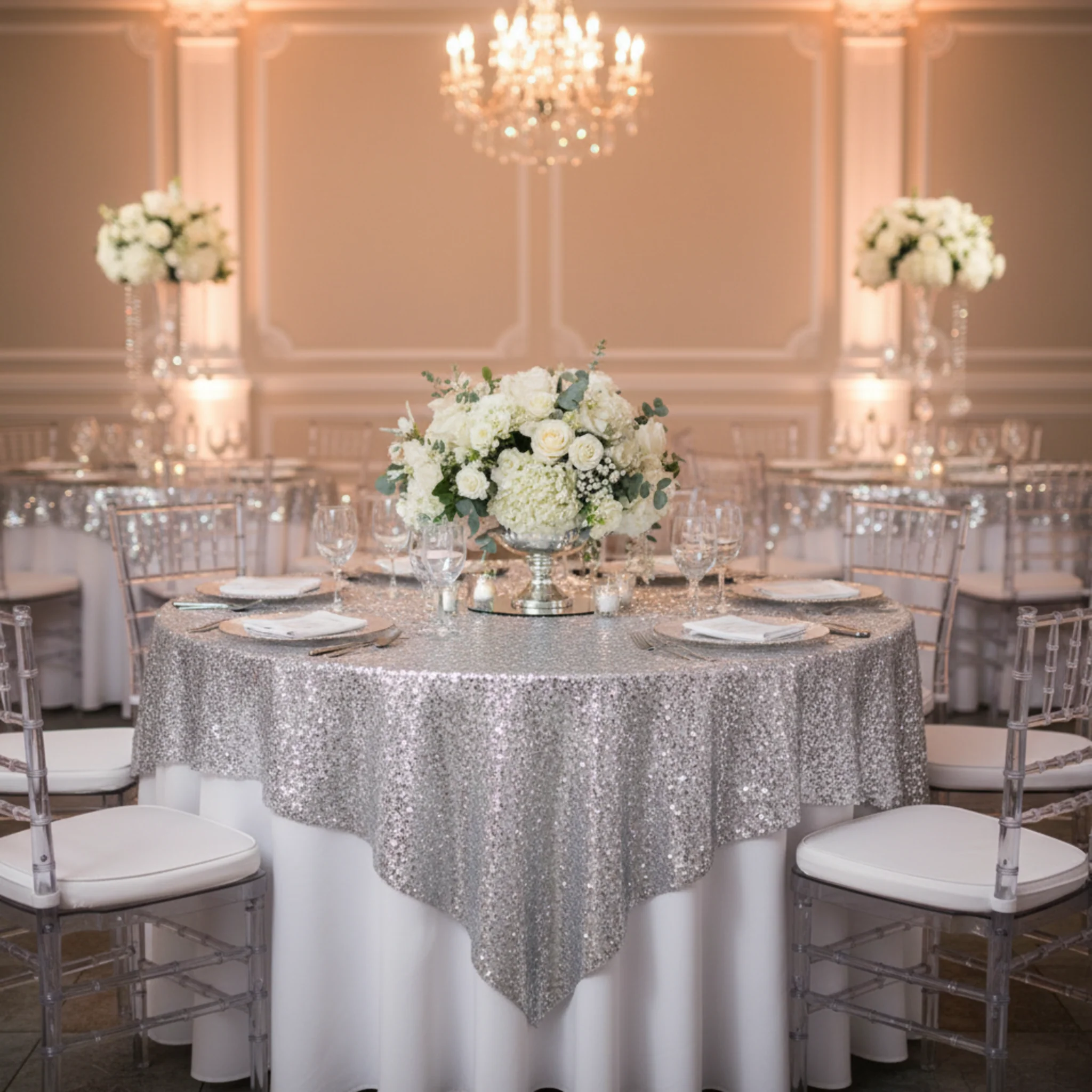 Glitz Sequin Tablecloth Overlay Topper 54"x54" Square - Silver - Image 3