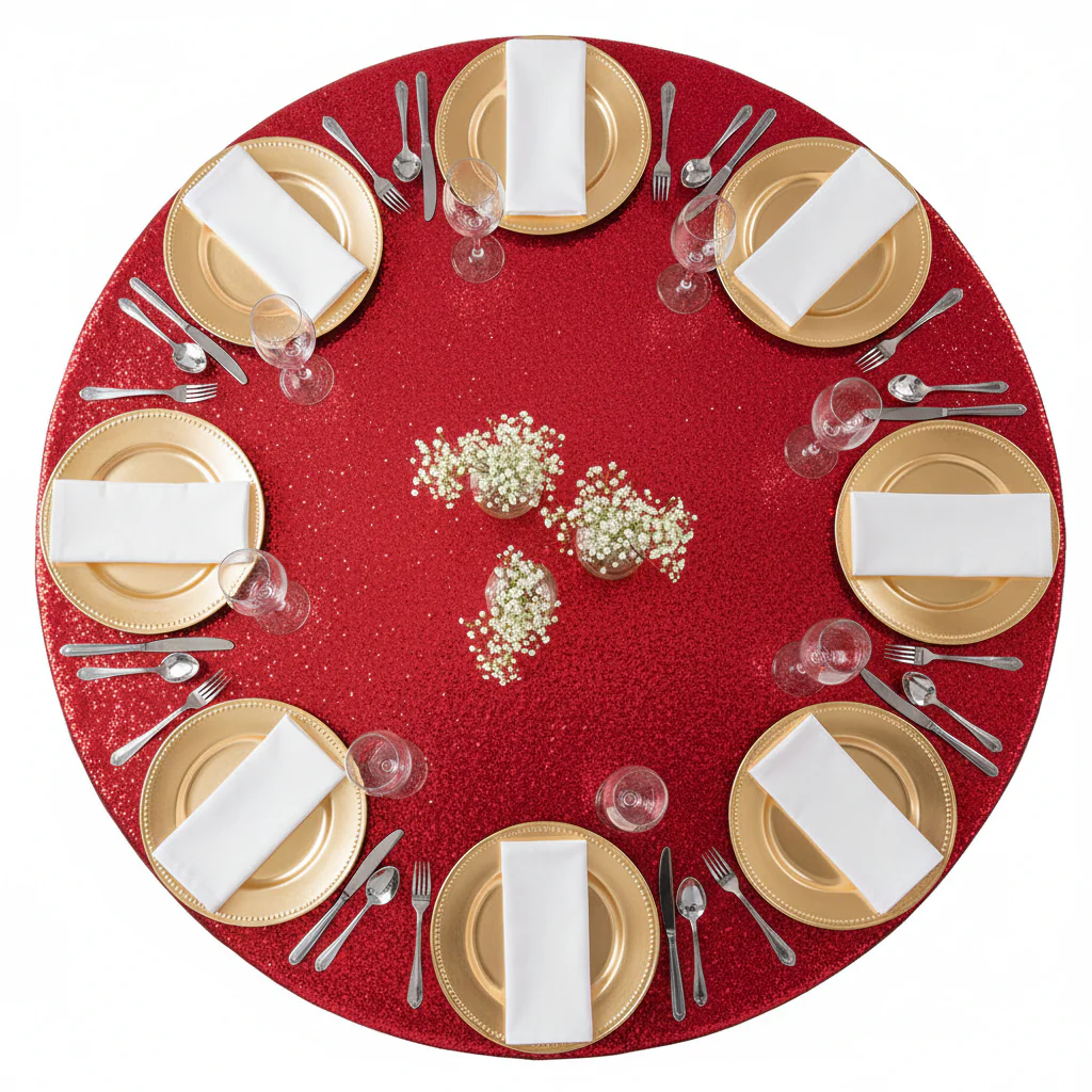 Glitz Sequins 120" Round Tablecloth - Apple Red - Image 3