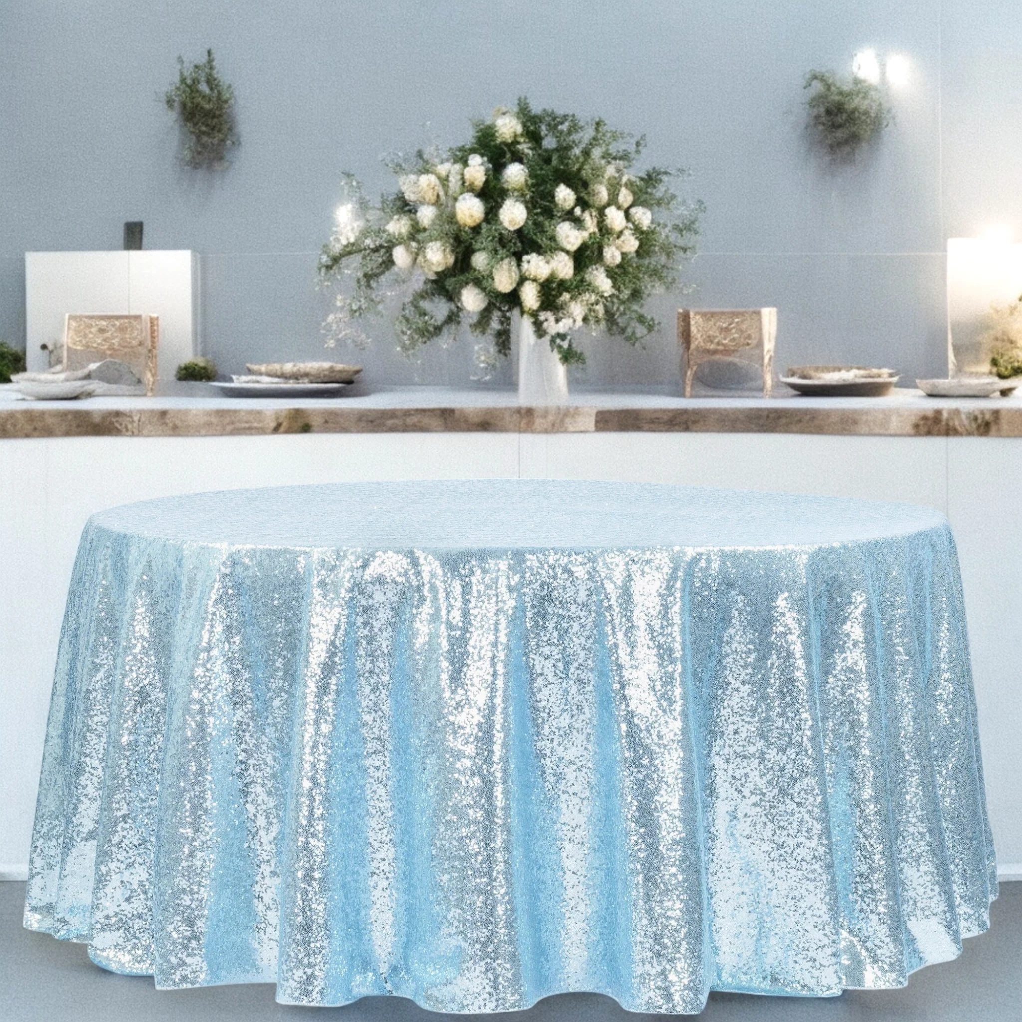 Glitz Sequins 120" Round Tablecloth - Baby Blue - Image 2
