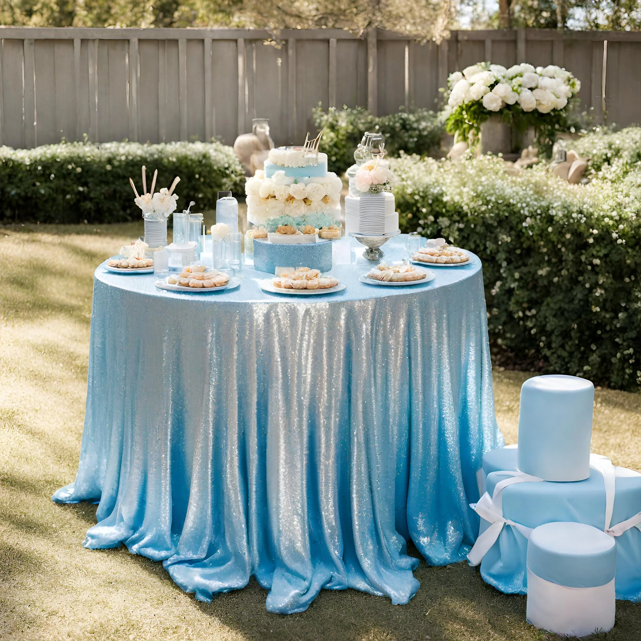 Glitz Sequins 120" Round Tablecloth - Baby Blue - Image 3