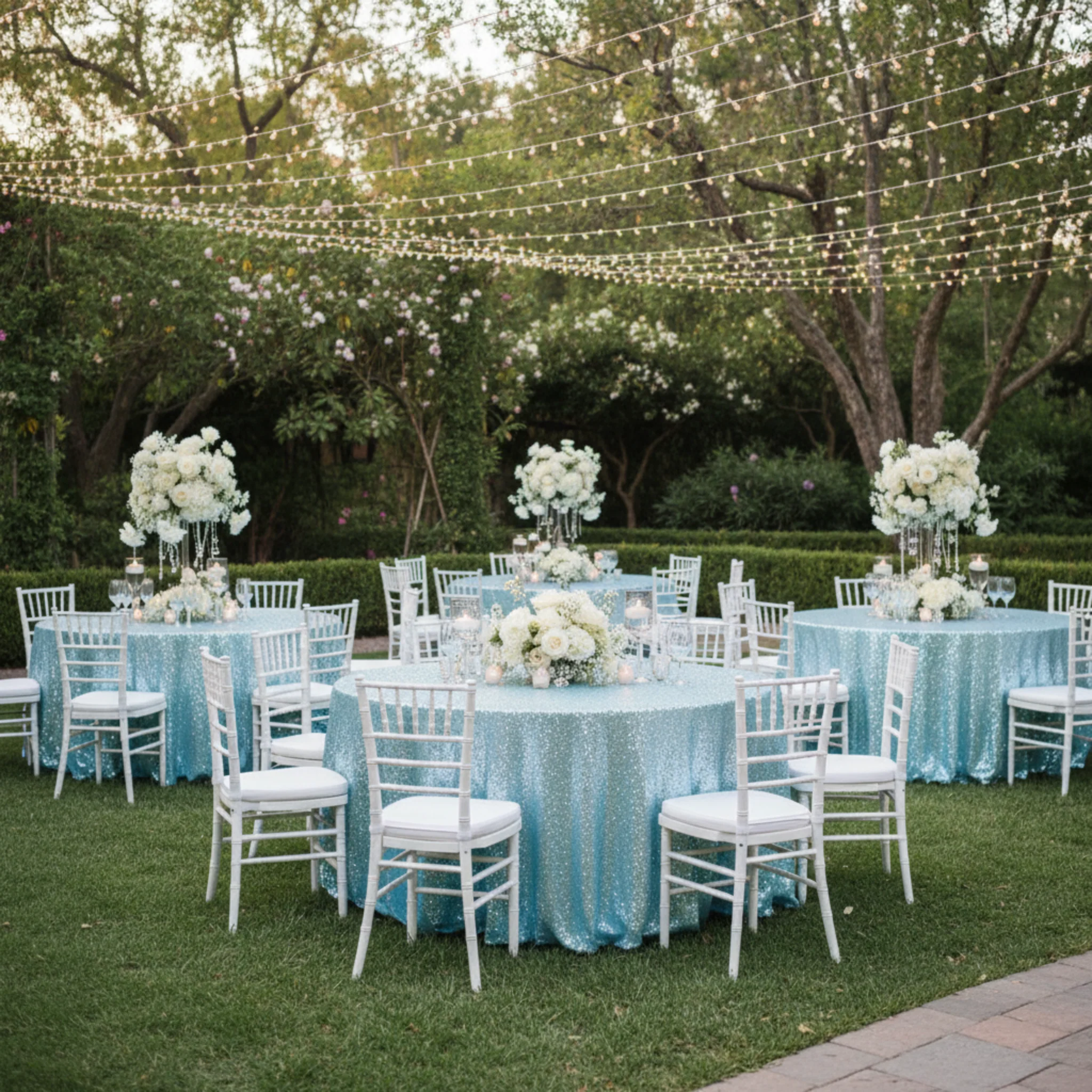 Glitz Sequins 120" Round Tablecloth - Baby Blue - Image 5