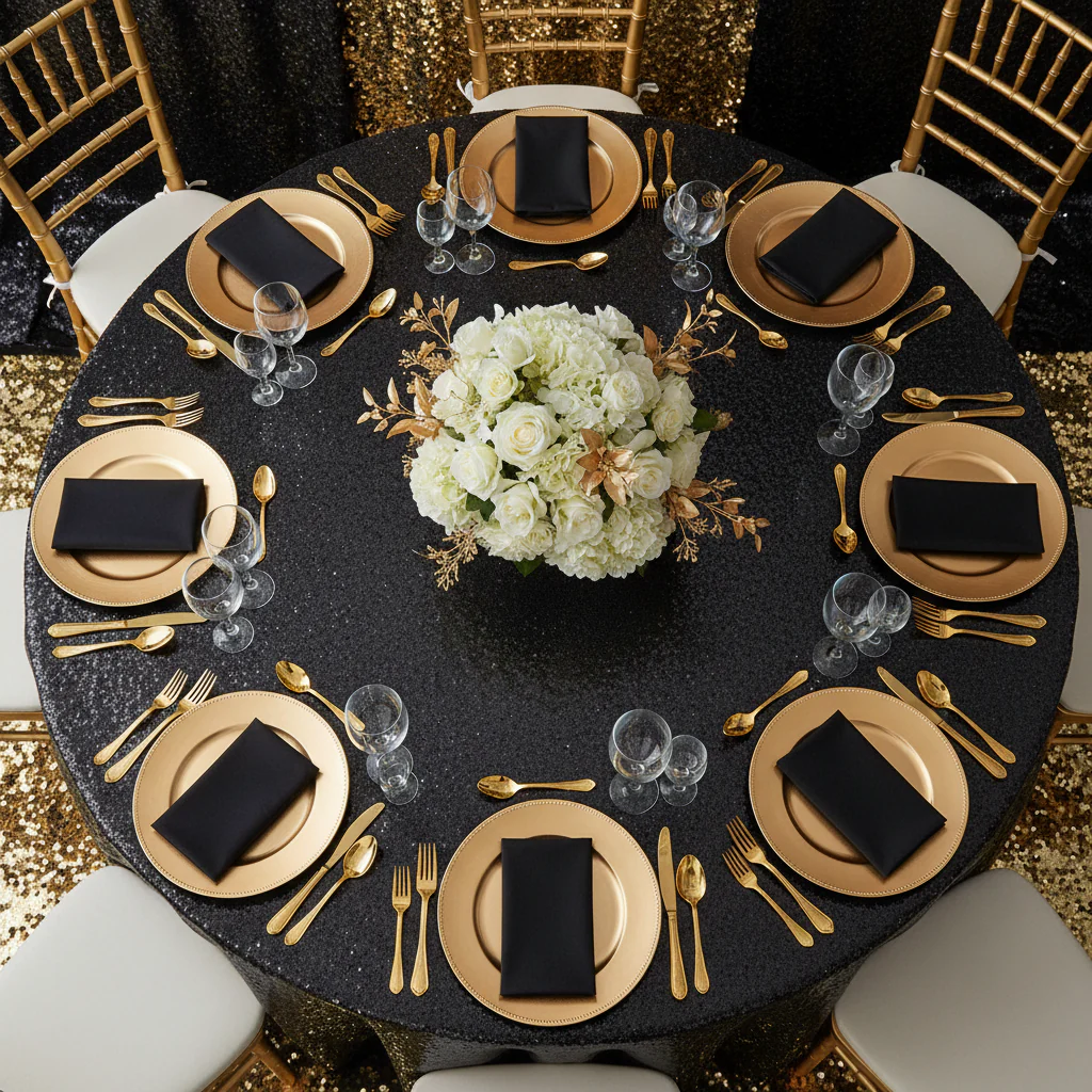 Glitz Sequins 120" Round Tablecloth - Black - Image 5