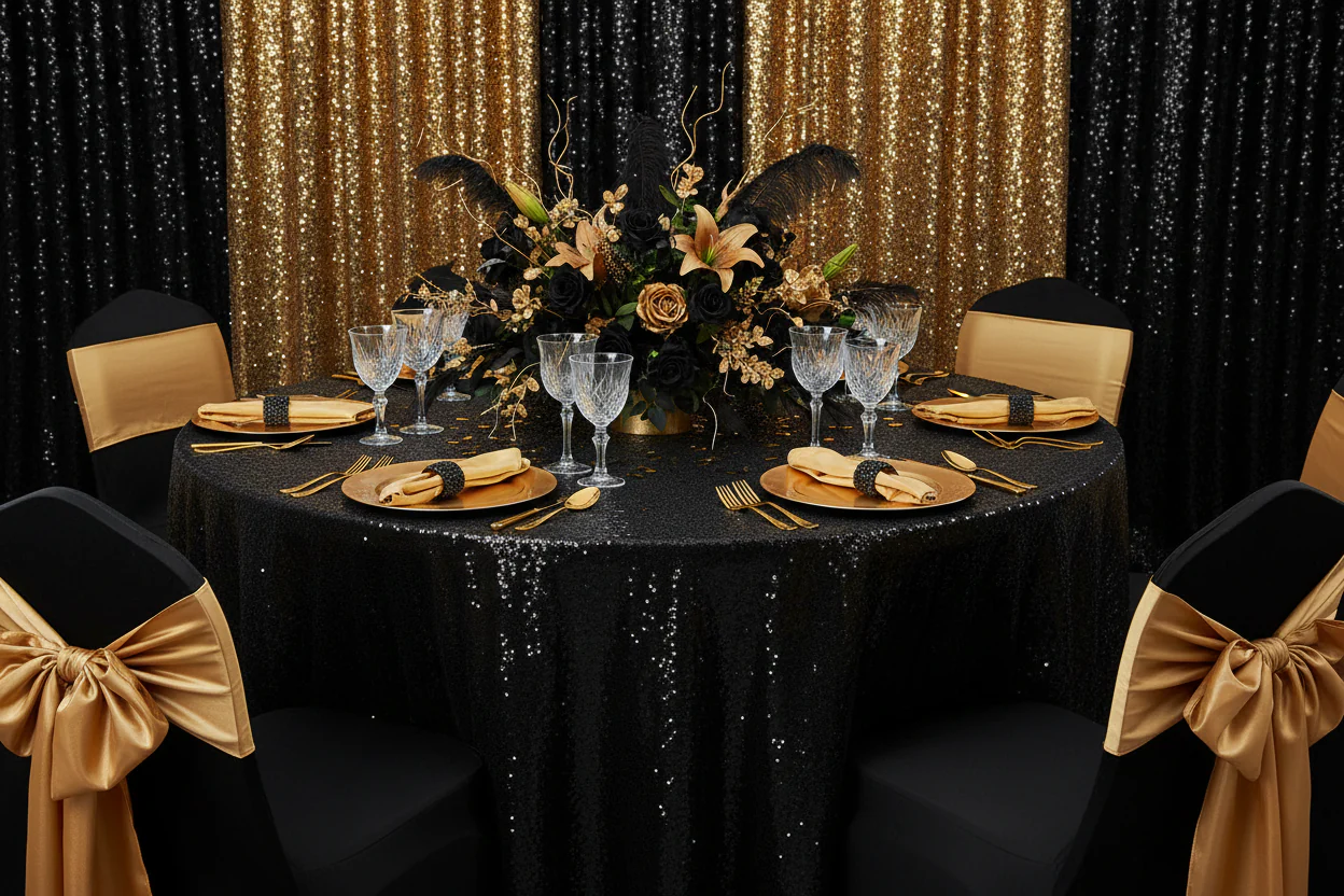 Glitz Sequins 120" Round Tablecloth - Black - Image 6