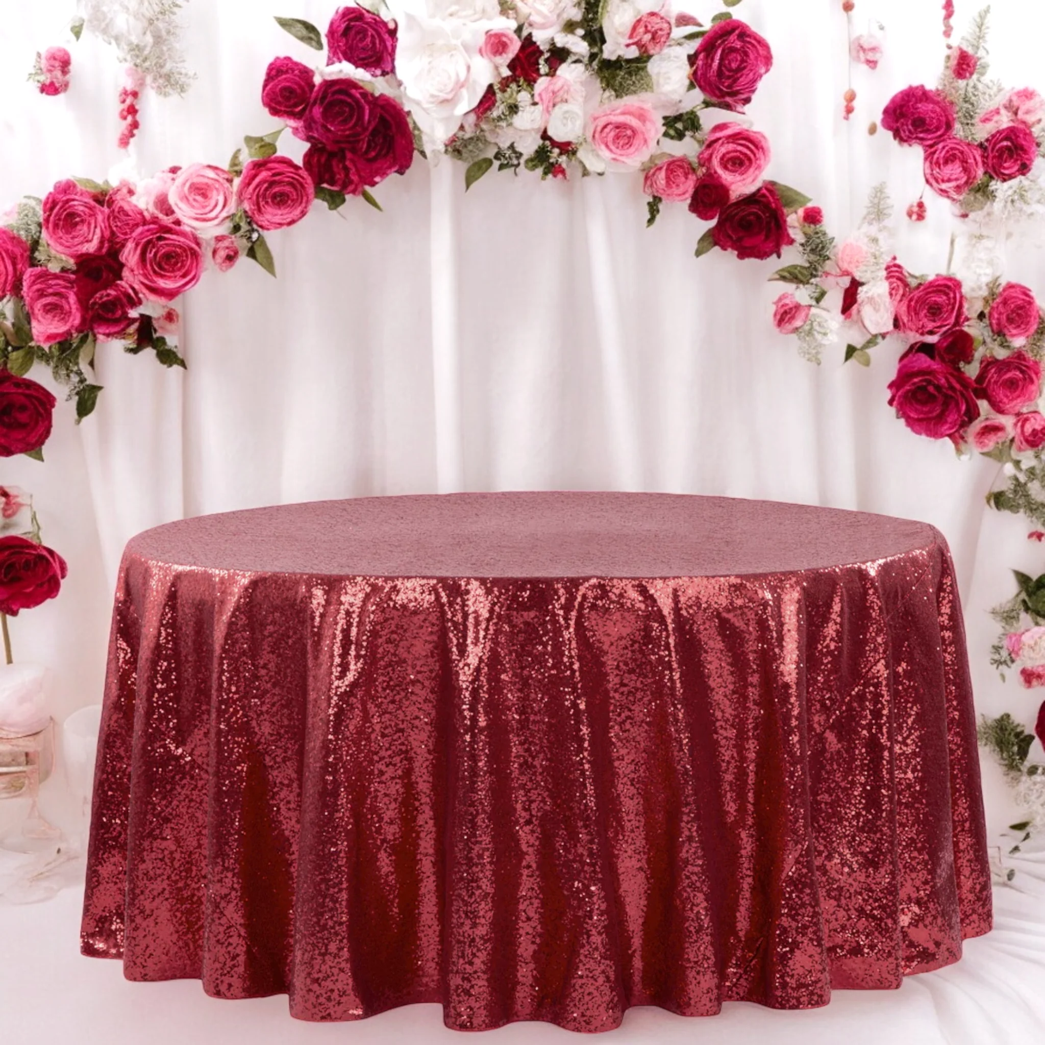 Glitz Sequins 120" Round Tablecloth - Burgundy - Image 2