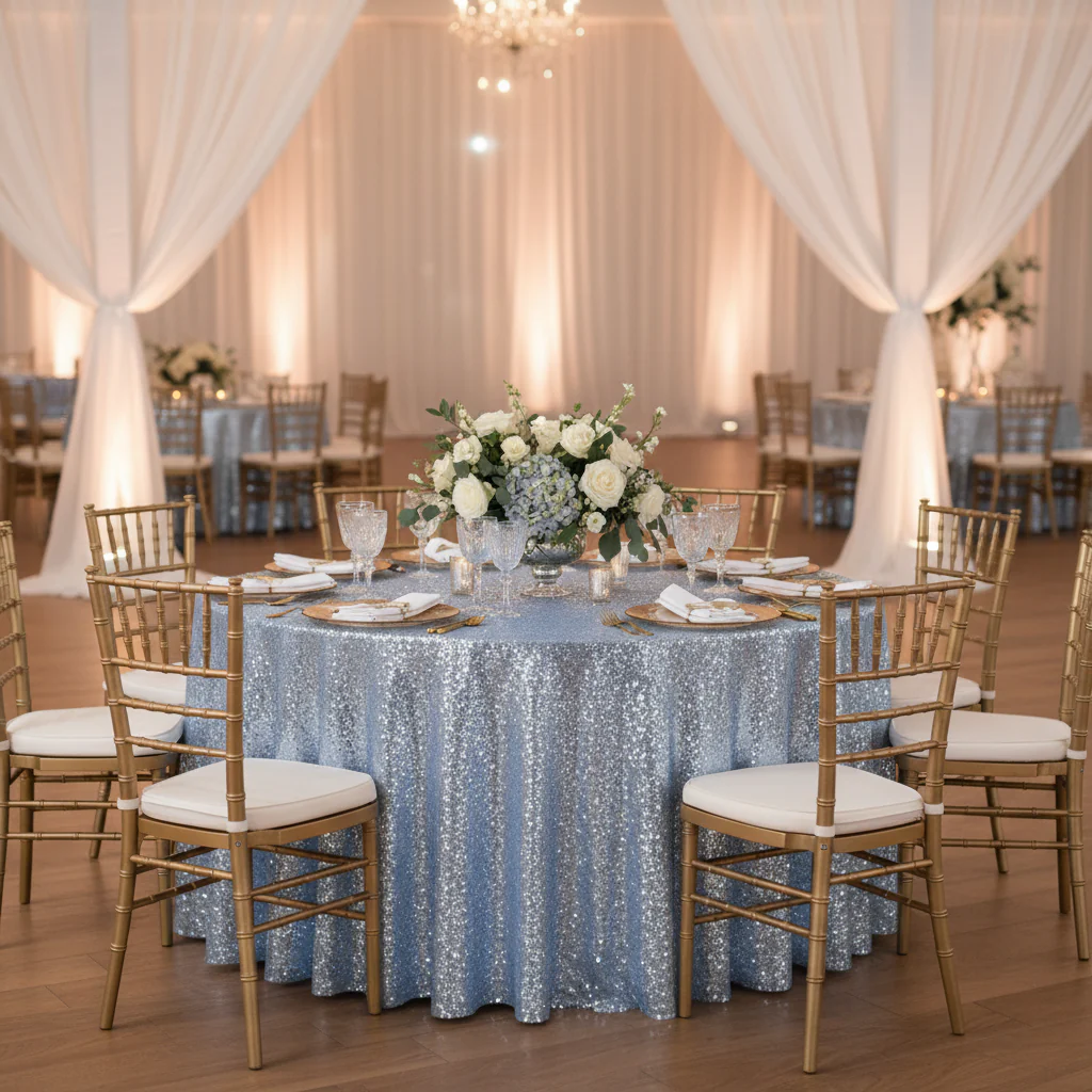 Glitz Sequins 120" Round Tablecloth - Dusty Blue