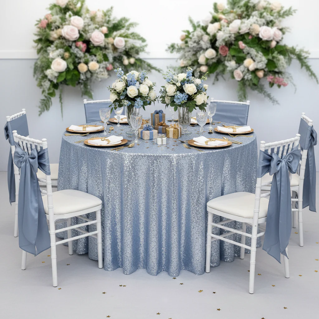 Glitz Sequins 120" Round Tablecloth - Dusty Blue - Image 4