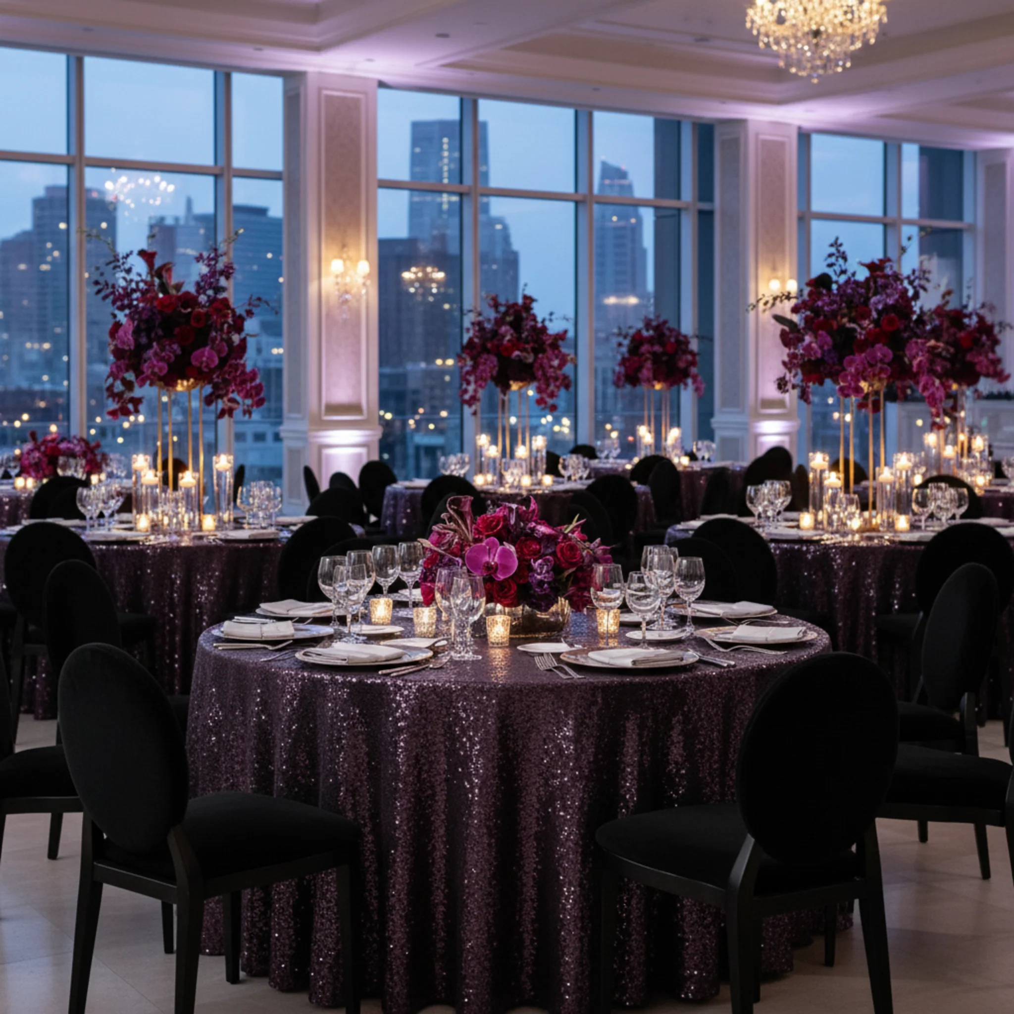 Glitz Sequins 120" Round Tablecloth - Eggplant/Plum - Image 4