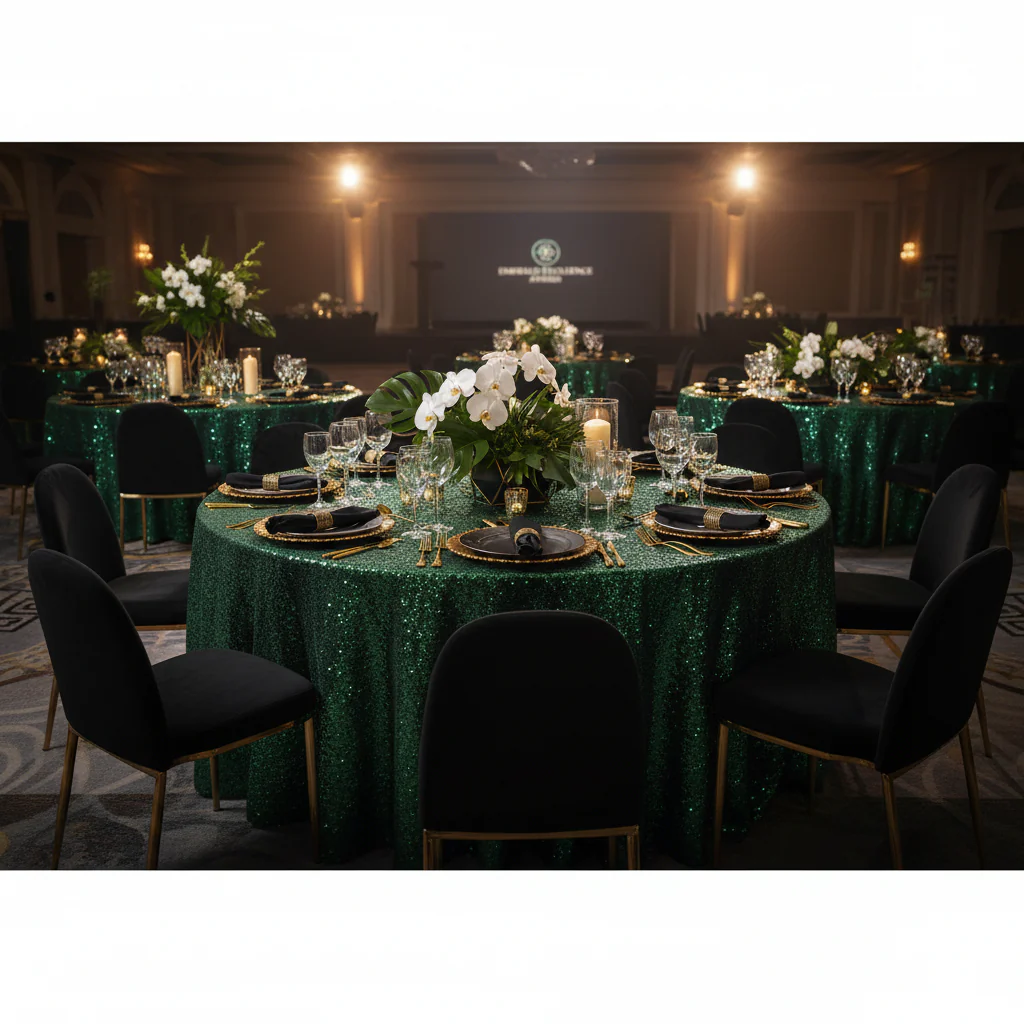 Glitz Sequins 120" Round Tablecloth - Emerald Green - Image 4