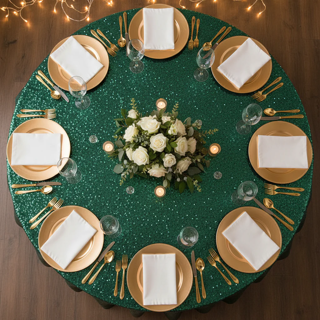 Glitz Sequins 120" Round Tablecloth - Emerald Green - Image 5