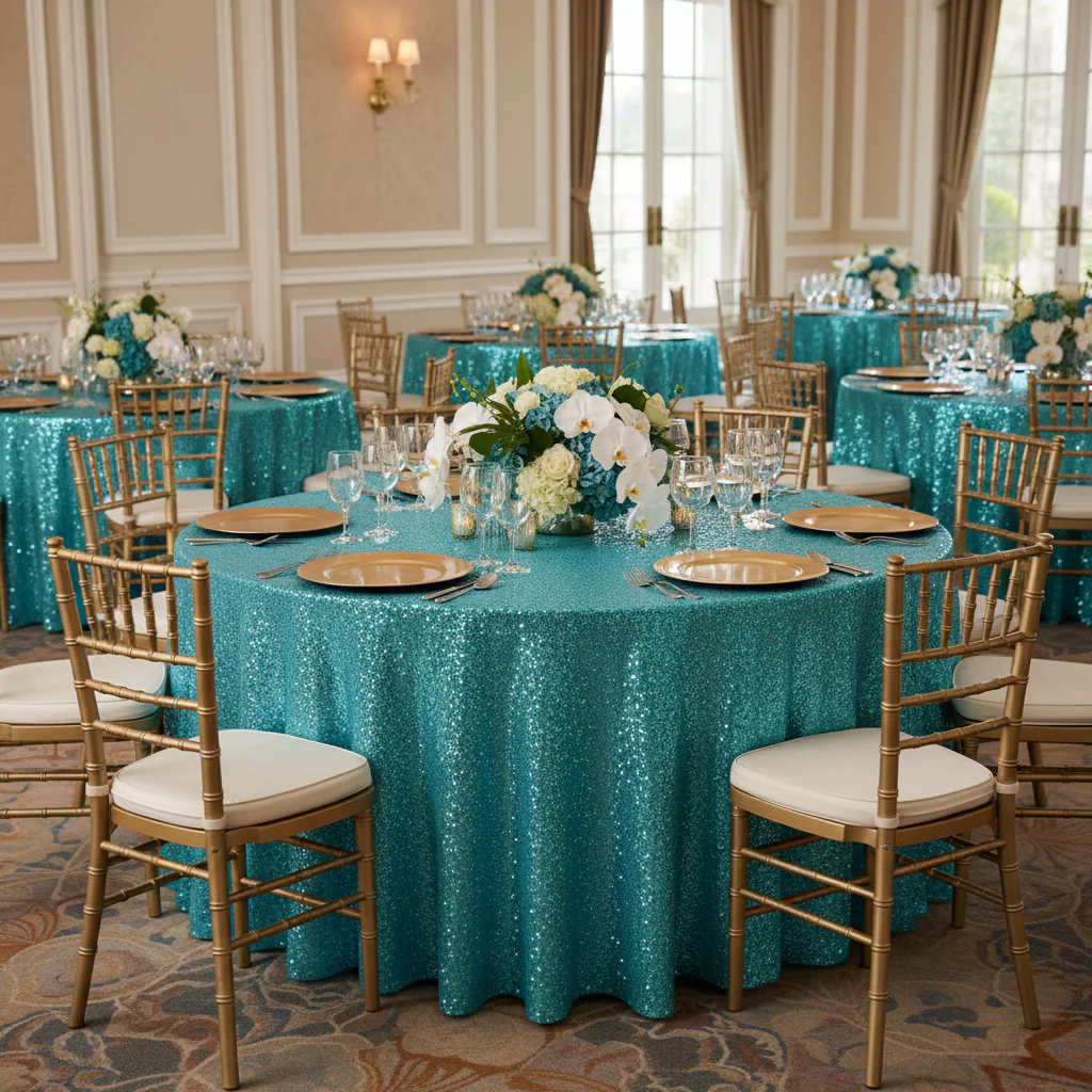 Glitz Sequins 120" Round Tablecloth - Turquoise - Image 3