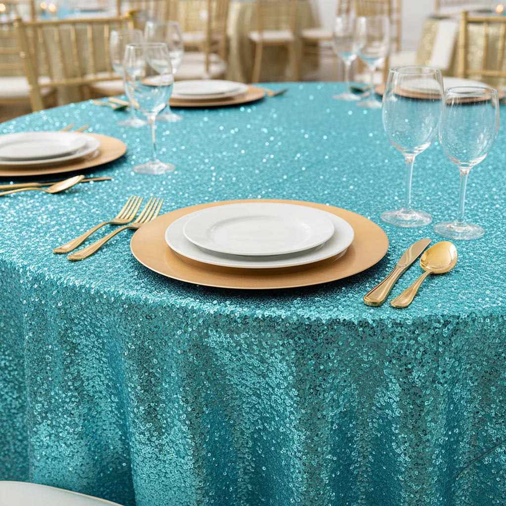 Glitz Sequins 120" Round Tablecloth - Turquoise - Image 4