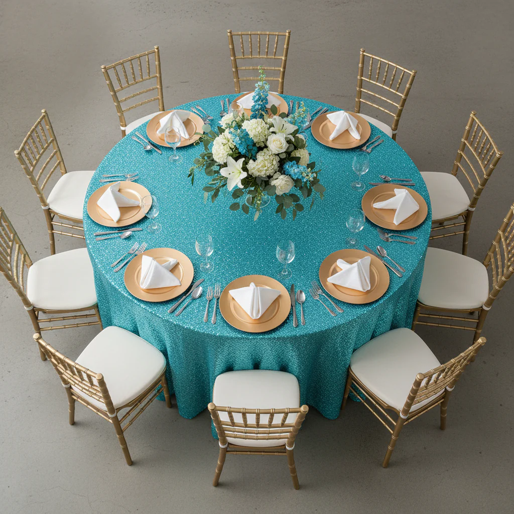 Glitz Sequins 120" Round Tablecloth - Turquoise - Image 5