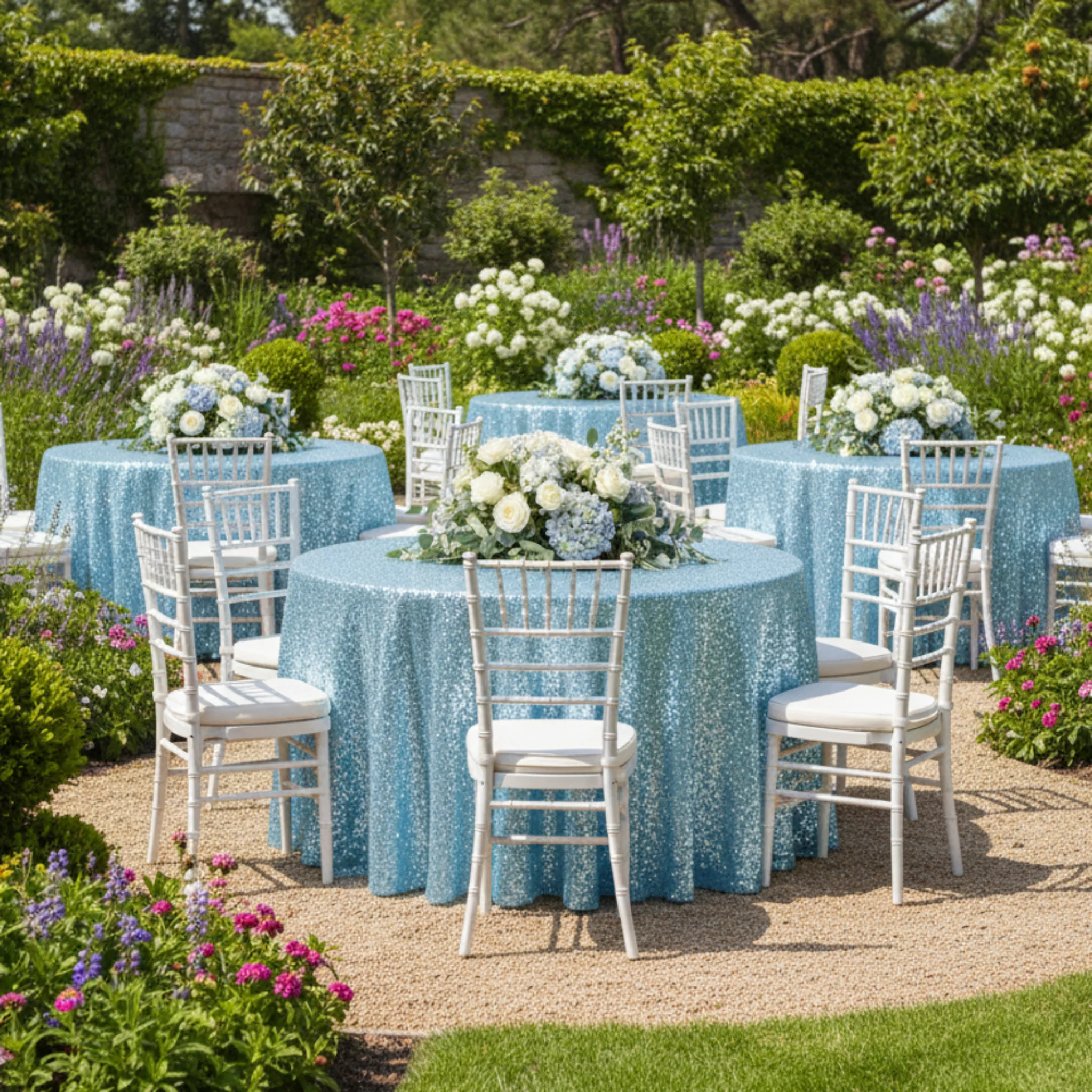 Glitz Sequins 132" Round Tablecloth - Baby Blue - Image 4