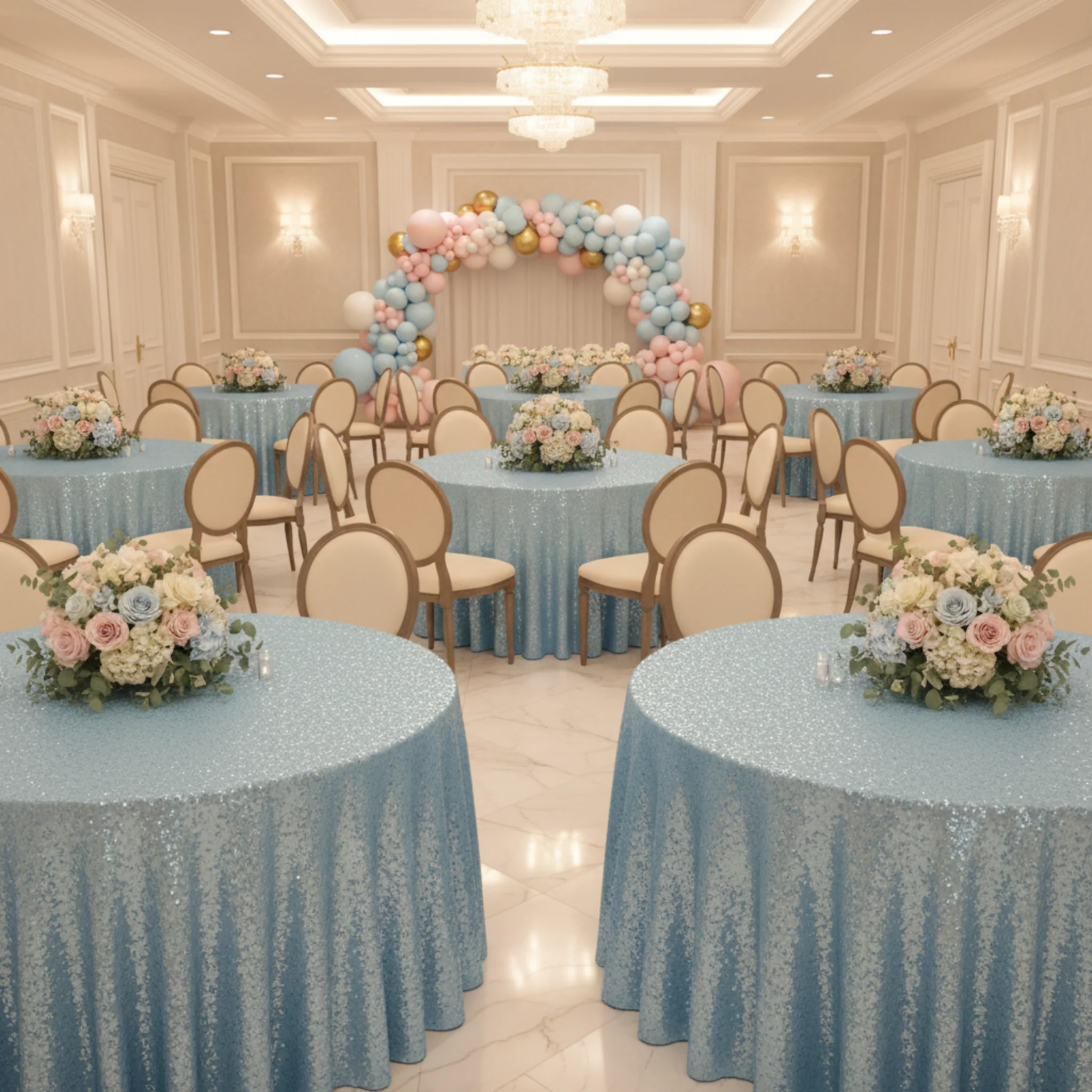 Glitz Sequins 132" Round Tablecloth - Baby Blue - Image 5
