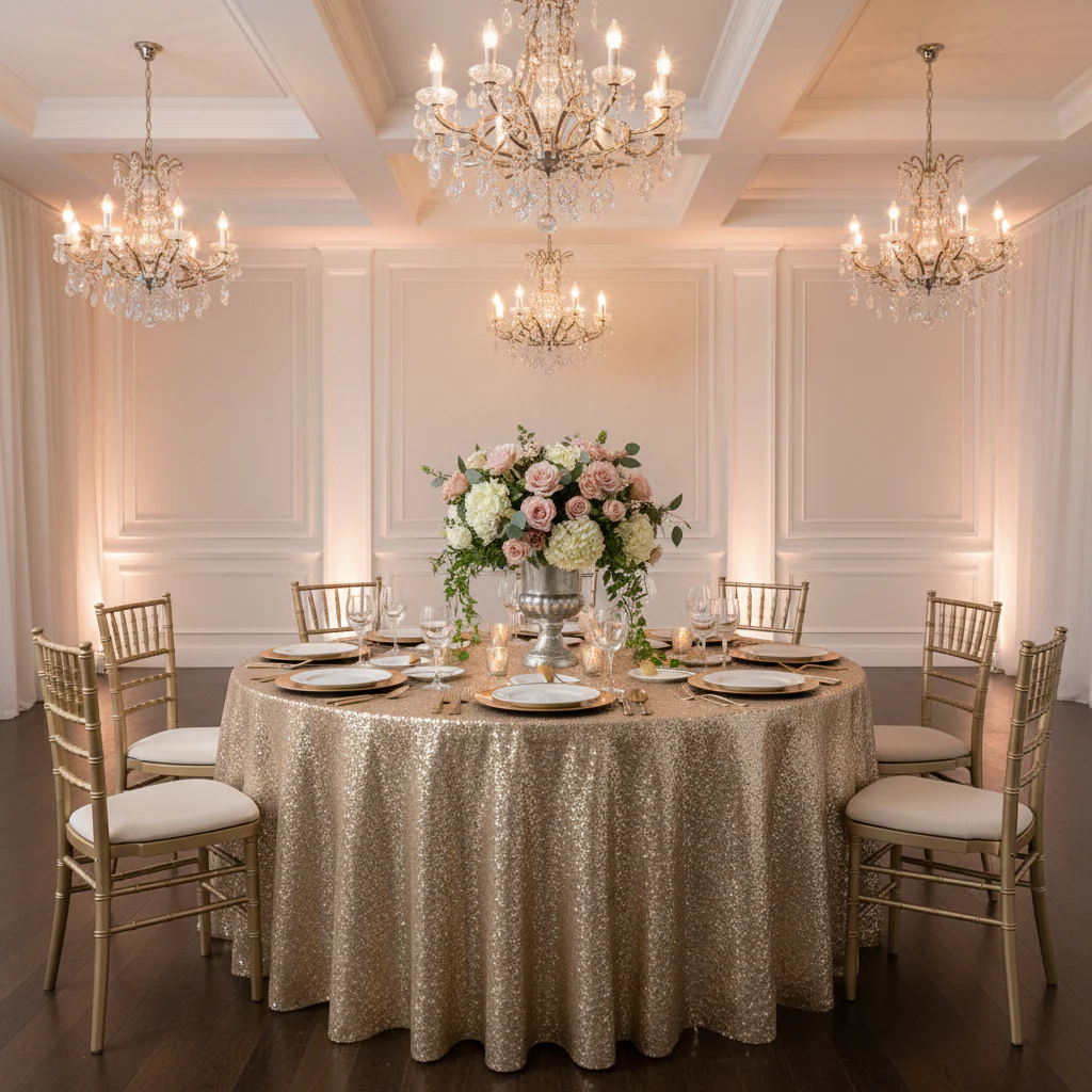 Glitz Sequins 132" Round Tablecloth - Champagne - Image 3