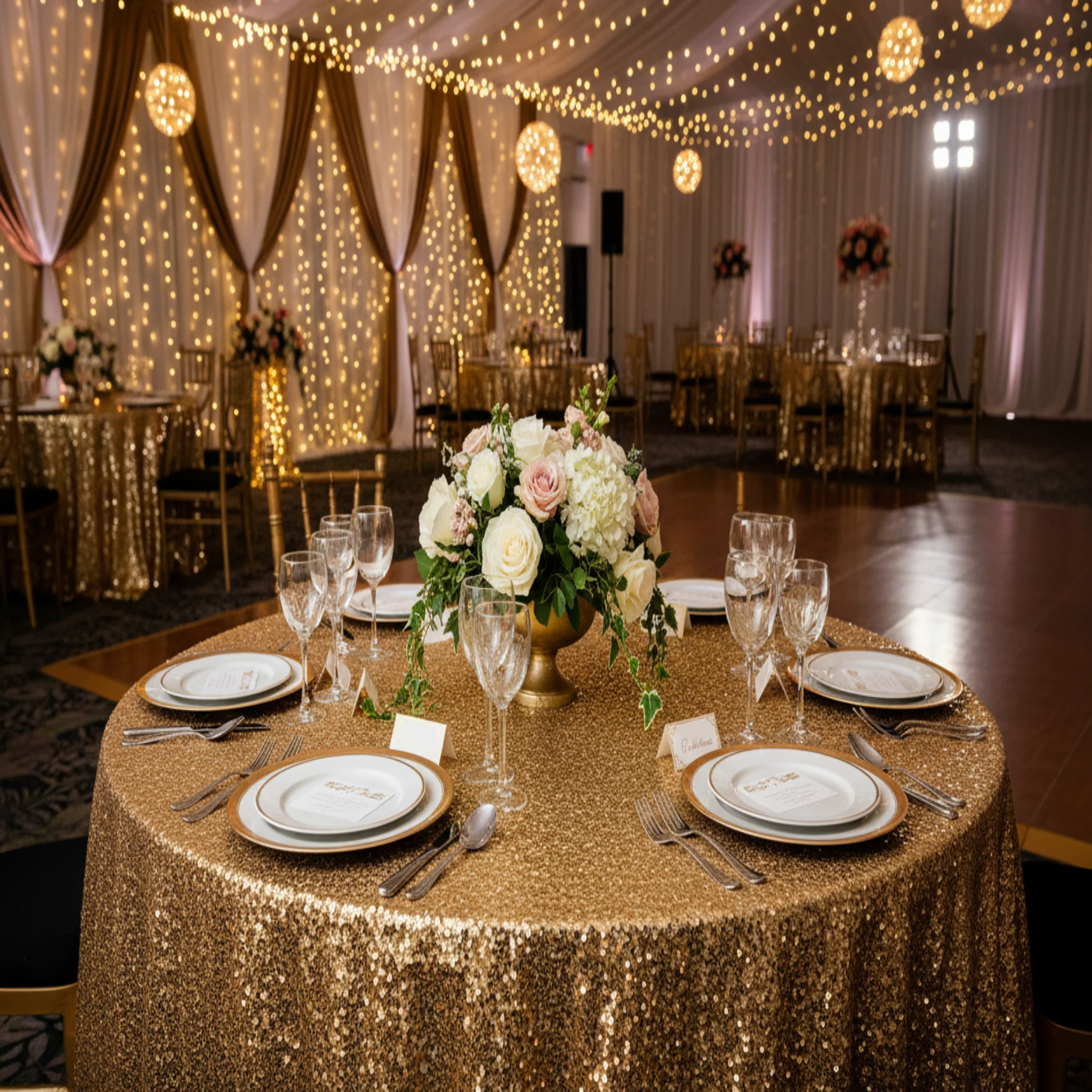 Glitz Sequins 132" Round Tablecloth - Gold - Image 7