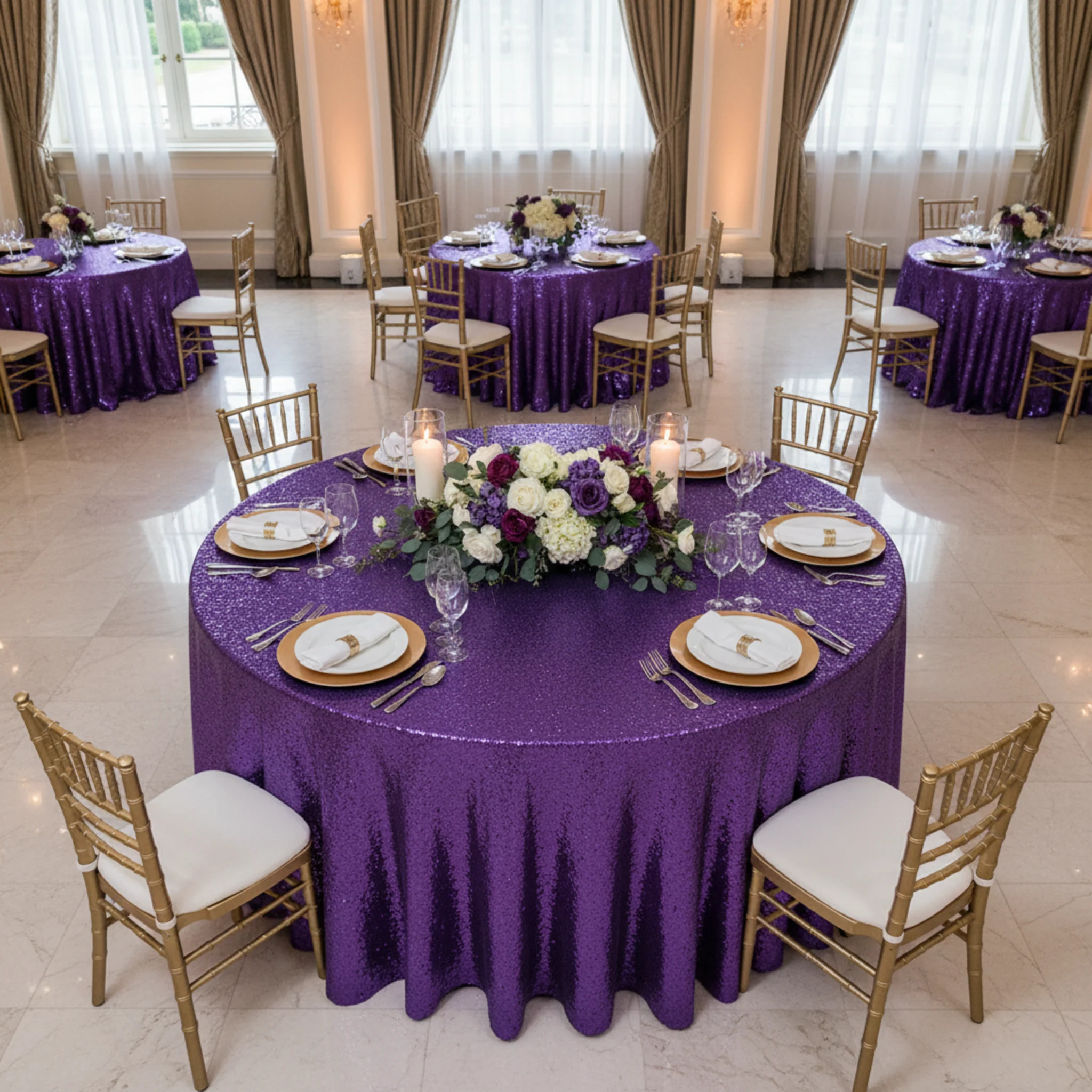 Glitz Sequins 132" Round Tablecloth - Purple - Image 3