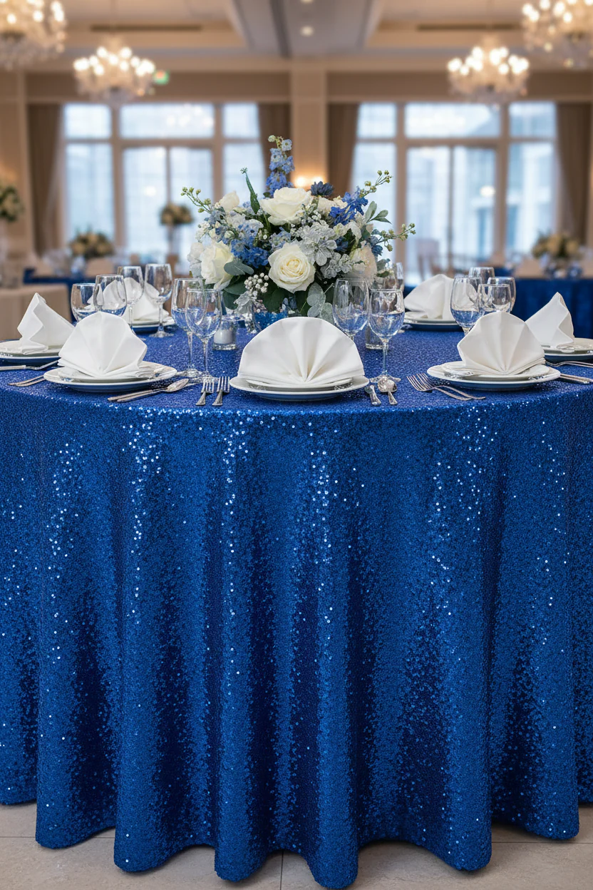 Glitz Sequins 132" Round Tablecloth - Royal Blue - Image 5