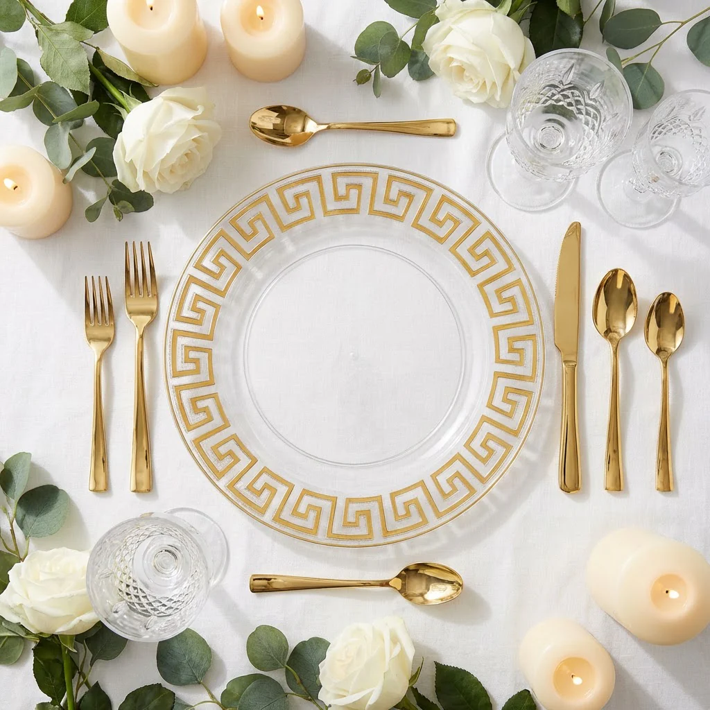 8 pc/set Greek Key Acrylic Charger Plate - Clear Gold Trim - Image 2