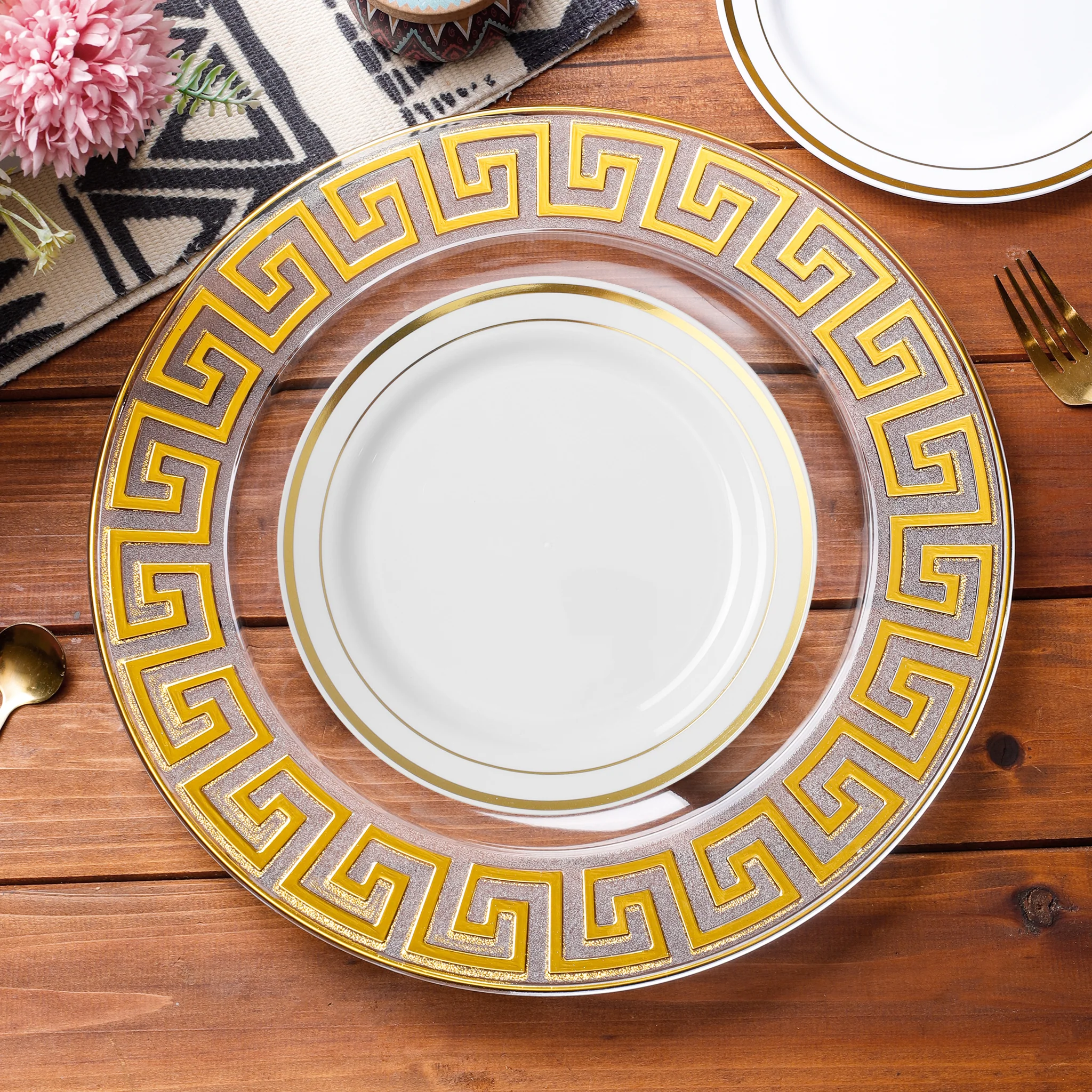 8 pc/set Greek Key Acrylic Charger Plate - Clear Gold Trim - Image 5