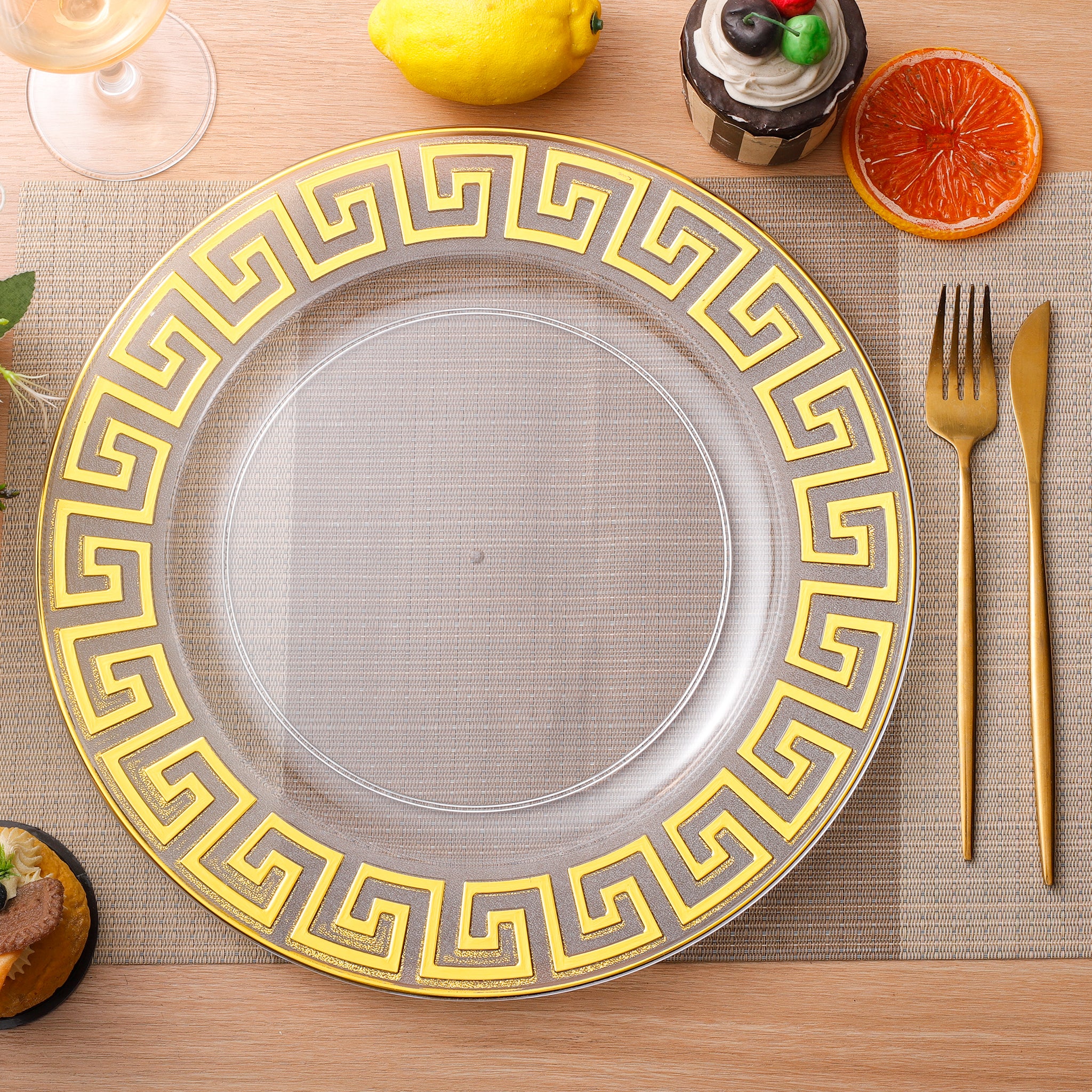 8 pc/set Greek Key Acrylic Charger Plate - Clear Gold Trim - Image 6