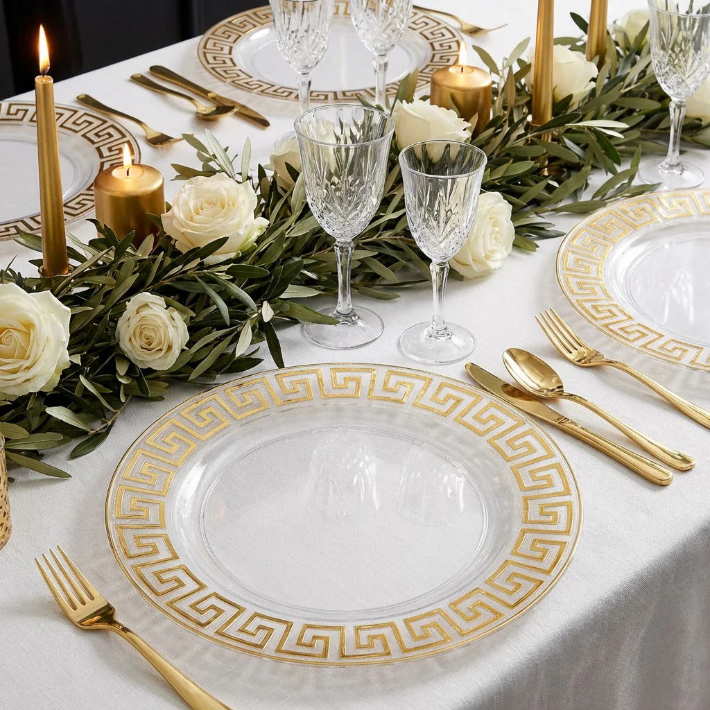 8 pc/set Greek Key Acrylic Charger Plate - Clear Gold Trim - Image 8